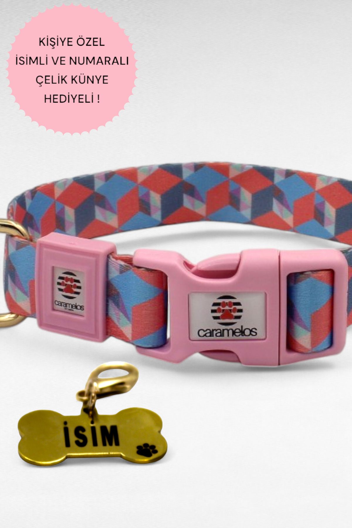CARAMELOS İSİMLİ KÖPEK TASMASI, İSİMLİ TASMA, ORTA VE BÜYÜK IRK TASMA, KÖPEK TASMA, KİŞİYE ÖZEL TASMA, 2,5 CM