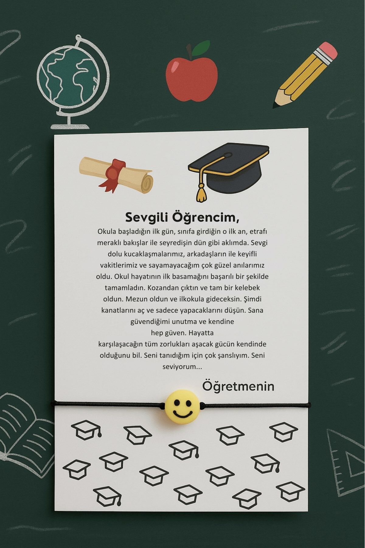 Emtory Home Yeni Okul Şans Bilekliği - Mezuniyet Yazılı Temenni - 10 Adet Emoji Şans Bilekliği - Tek Tek Paketli
