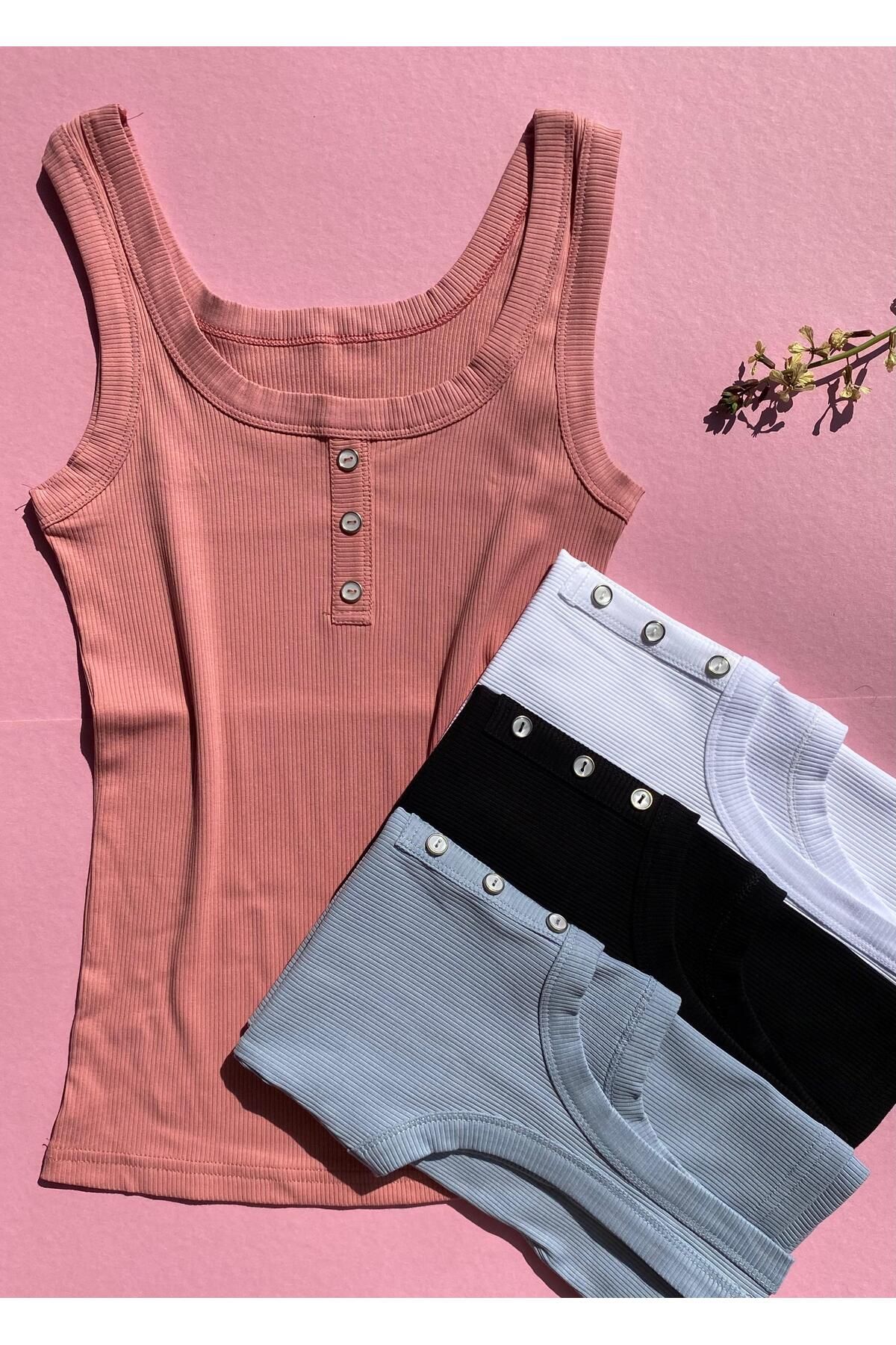Elosia Düğme Detaylı, 4'lü Pamuklu, Mavi, Gül K, Siyah ve Beyaz Kalın Askılı Kadın T-shirt Atlet 64E63