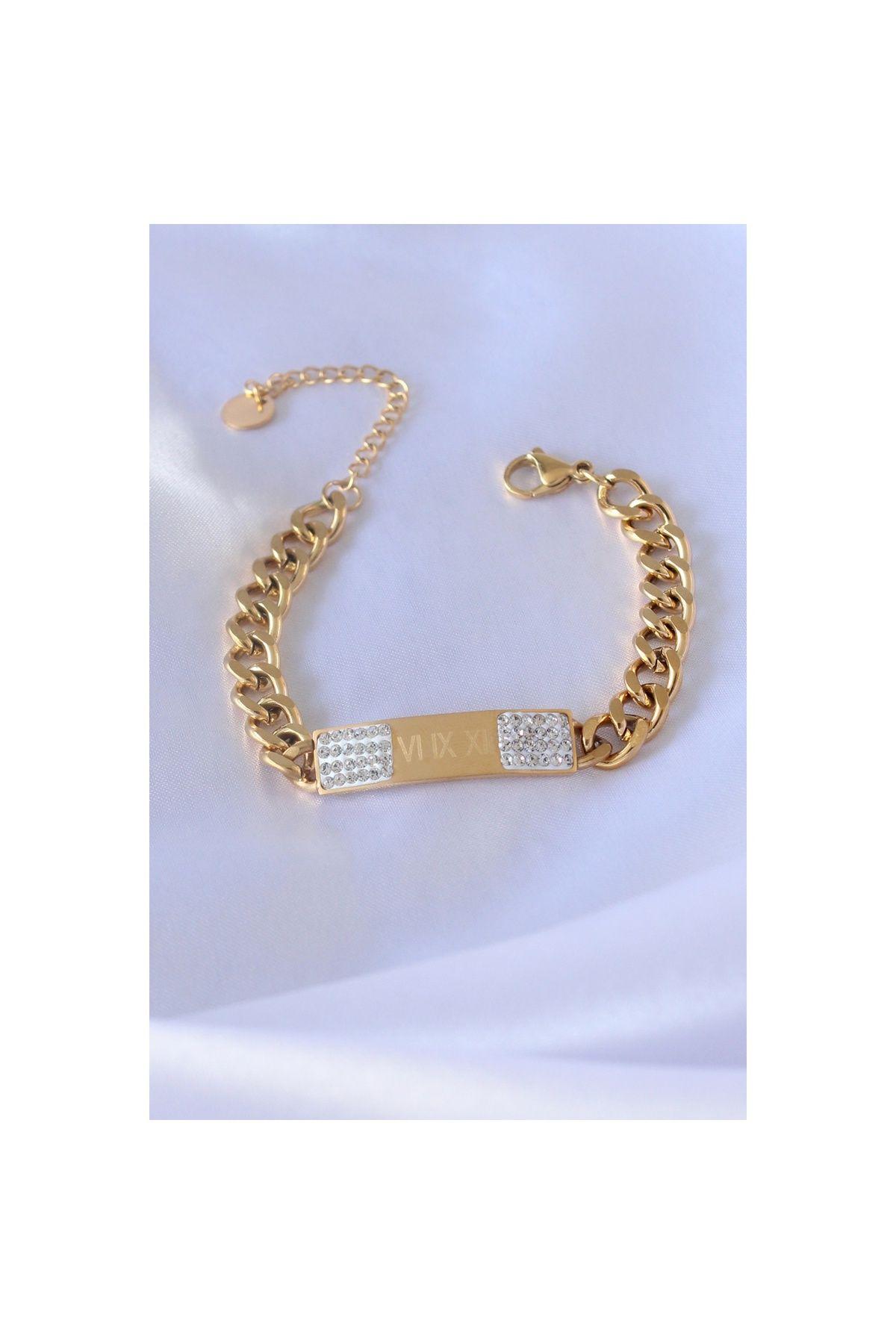 Ayder Timya 316l Çelik Gold Renk Zincir Model İşleme Detay Zirkon Taşlı Kadın Bileklik - Tj-bb5083