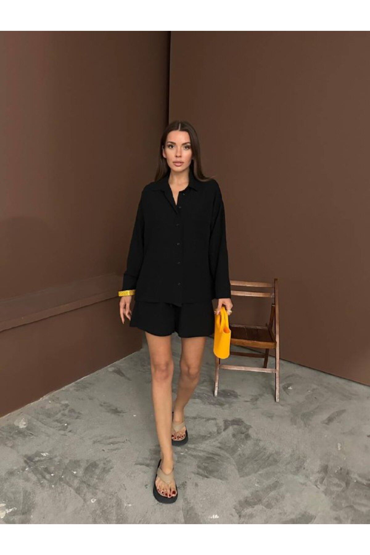 Castivo Fashion Cepli Gömlek Yaka Oversize Şortlu Kadın Takım
