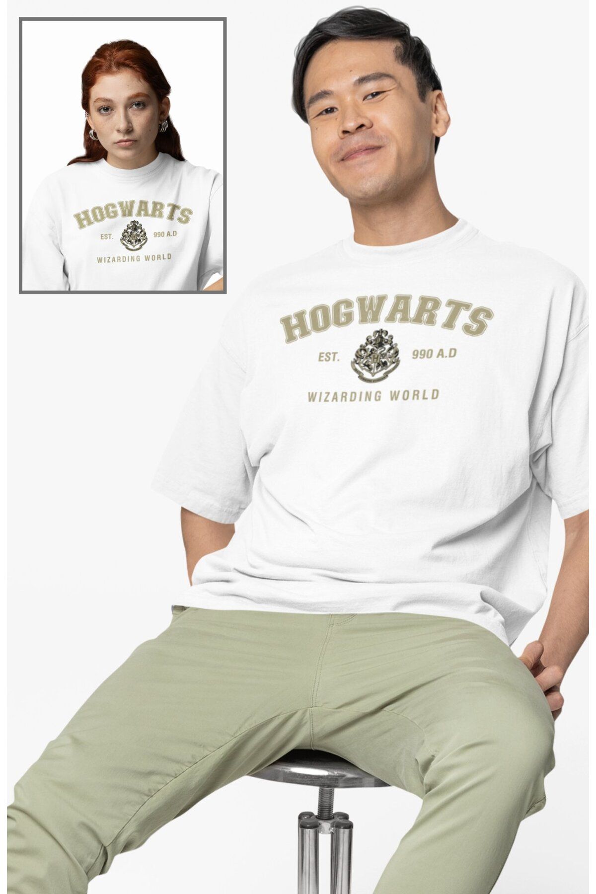 Fuddy Moda Unisex Hogwarts Wizarding World Yazılı Tişört, Oversize Hary Poter Temalı T-shirt
