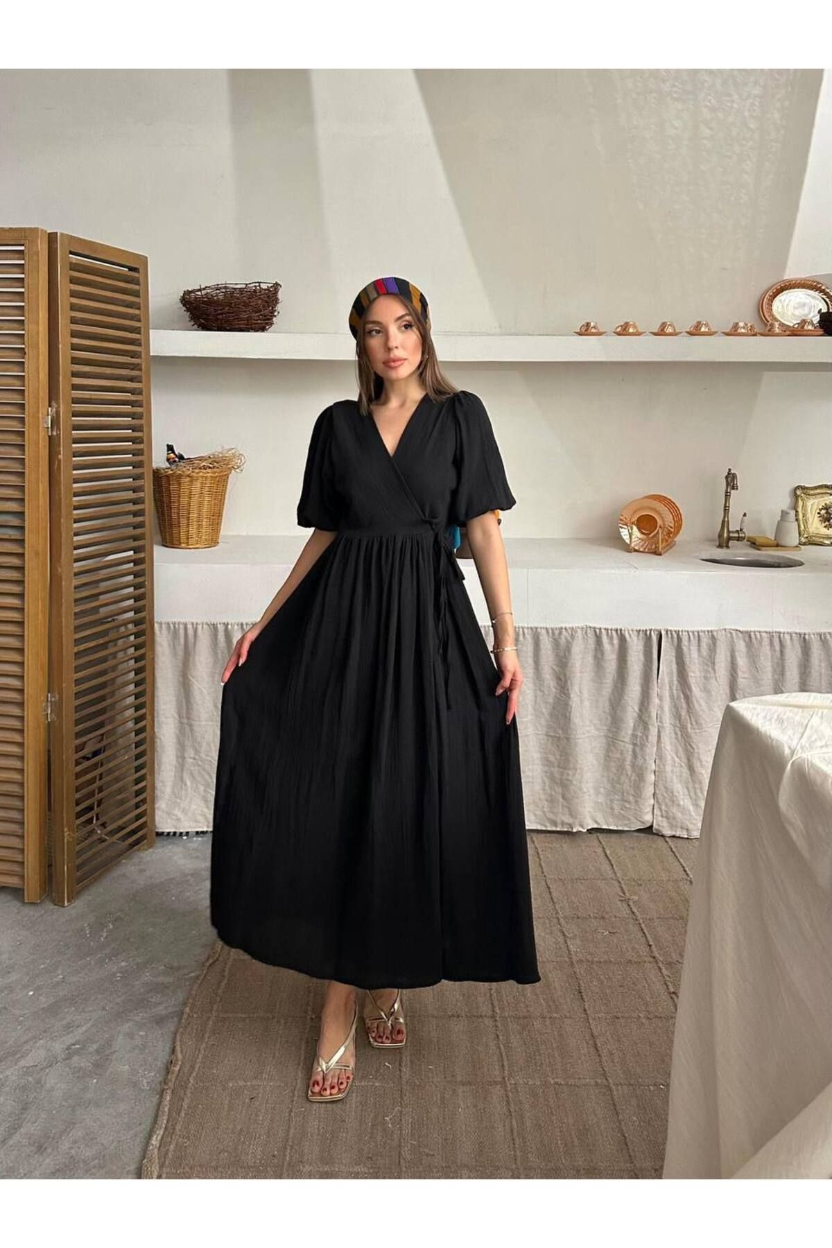 Castivo Fashion V Yaka Kuşaklı Anvelop Kısa Kollu Muslin Maxi Elbise