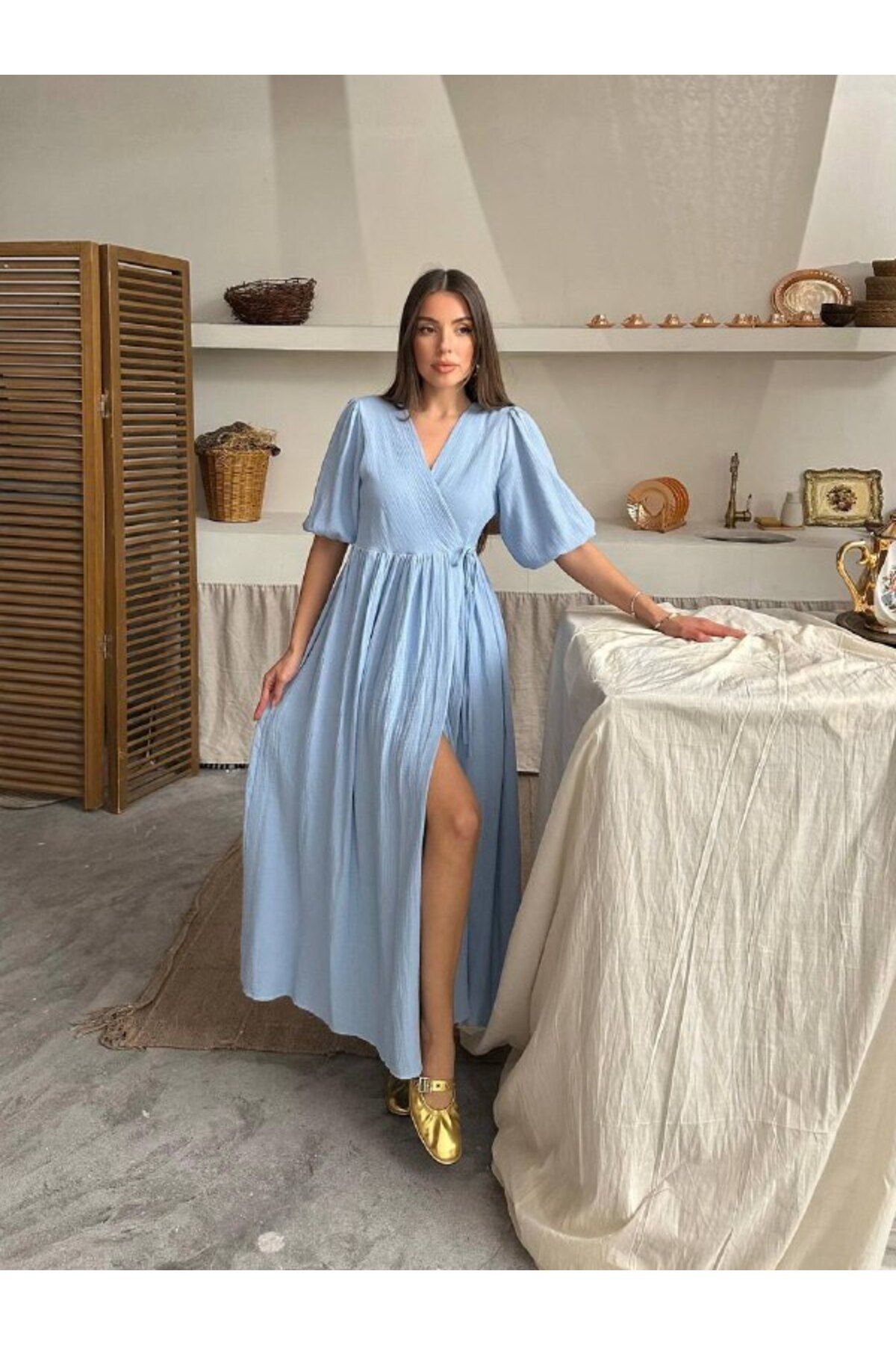 Castivo Fashion V Yaka Kuşaklı Anvelop Kısa Kollu Muslin Maxi Elbise