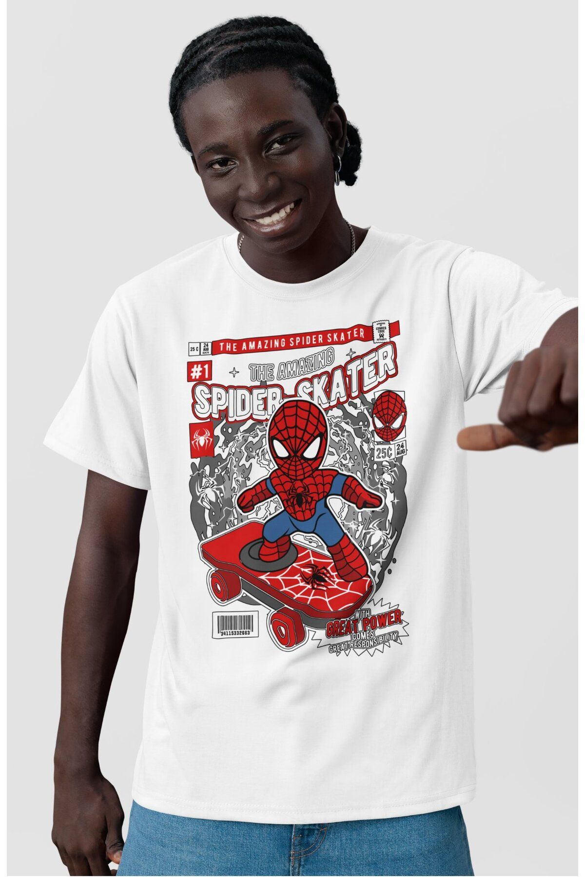 Fuddy Moda Unisex Minyatür Spider Skater Yazılı T-Shirt, Oversize Örümcek Temalı Tişört