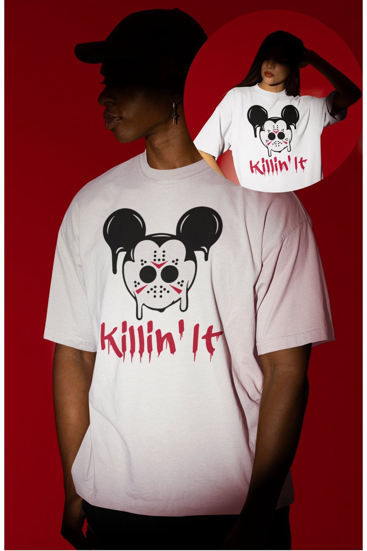 Fuddy Moda Unisex Killin It Yazılı Tişört, Oversize Korku Filmi Hallowen Temalı T-shirt
