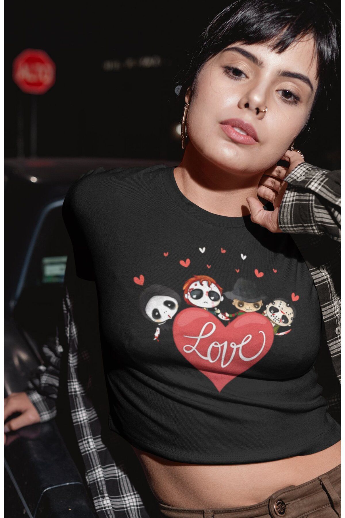 Fuddy Moda Love Yazılı Crop Top, Kadın Korku Film Halloween Temalı Crop Bluz