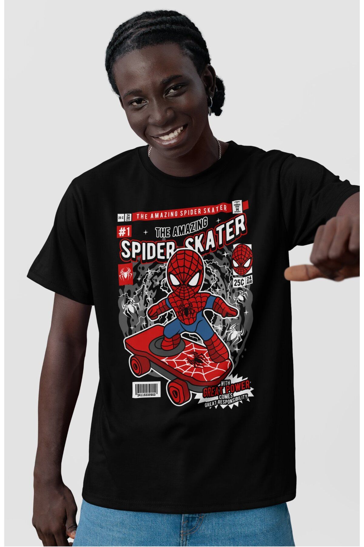 Fuddy Moda Unisex Minyatür Spider Skater Yazılı T-Shirt, Oversize Örümcek Temalı Tişört