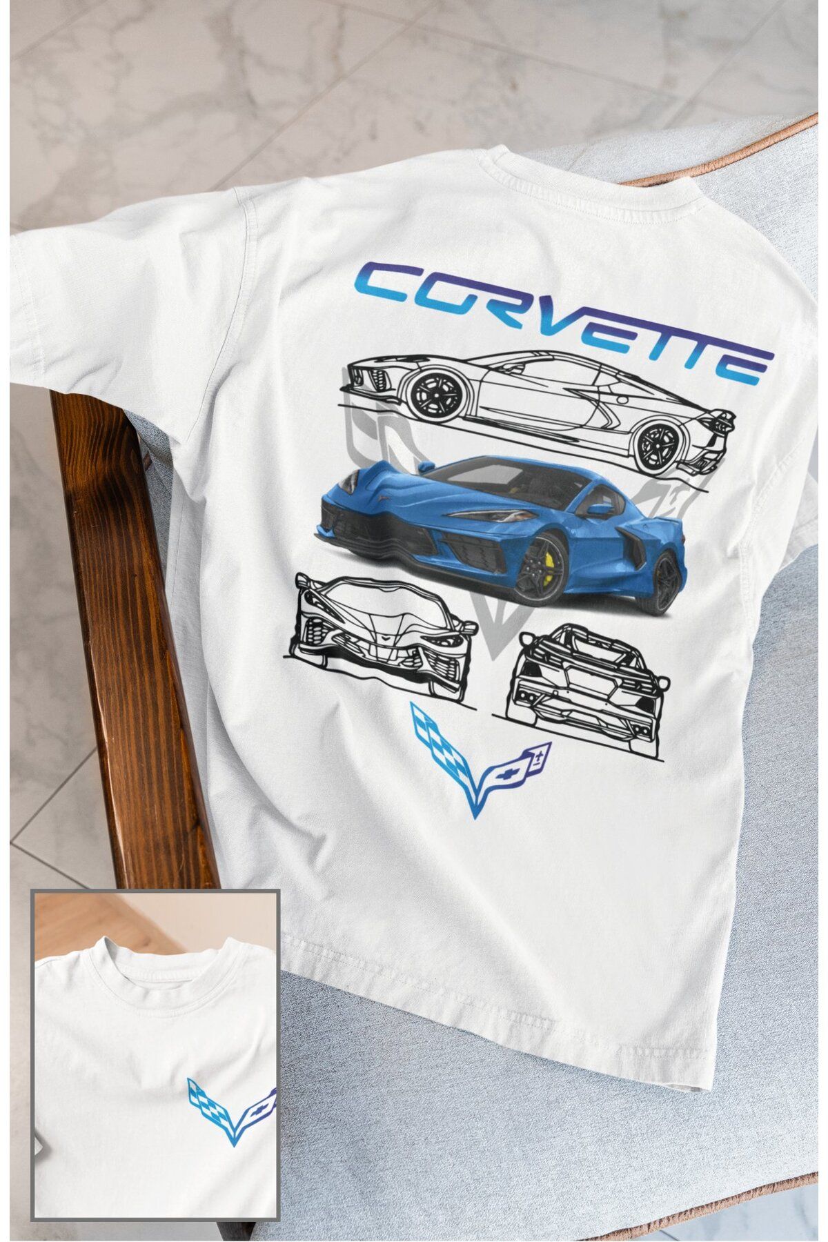 Fuddy Moda Unisex Corvete Yazılı T-Shirt, Oversize Yarış Araba Baskılı Tişört