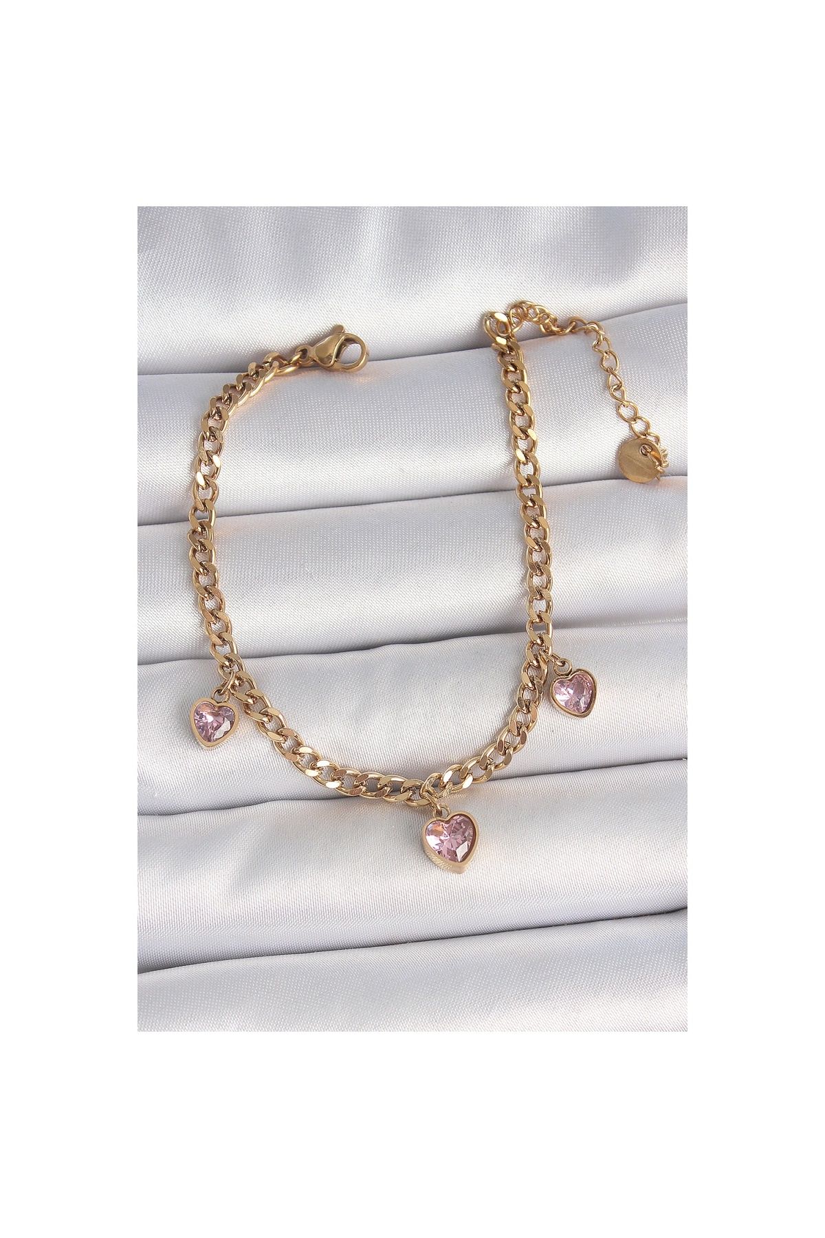 Ayder Timya 316l Çelik Gold Renk Zincir Sallantı Pembe Zirkon Taşlı Kalp Model Kadın Bileklik - Tj-bb6947