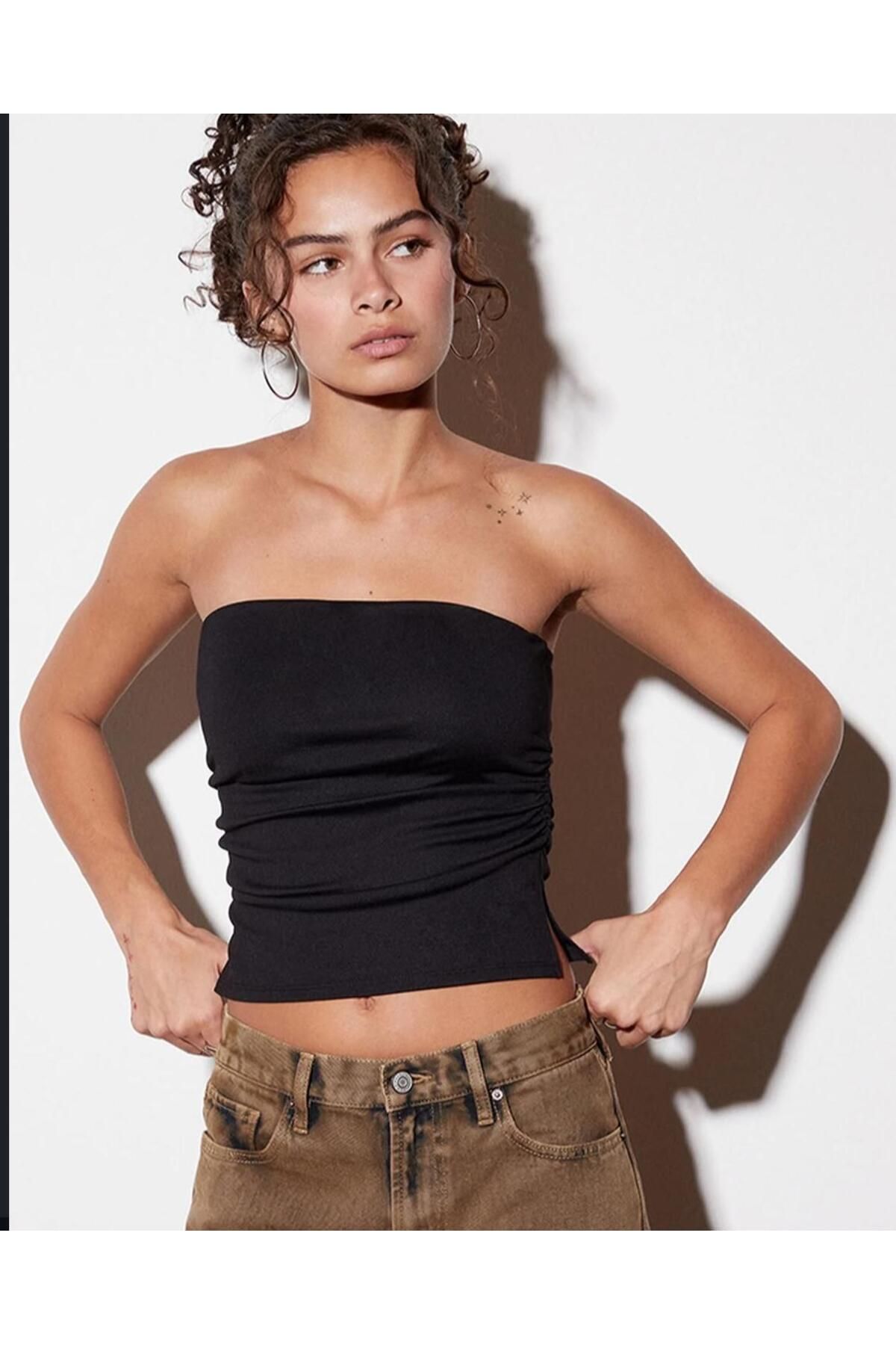 GERDA BUTİK Kadın Straplez Büzgülü Yumuşak Dokulu Yırtmaçlı Crop Bluz