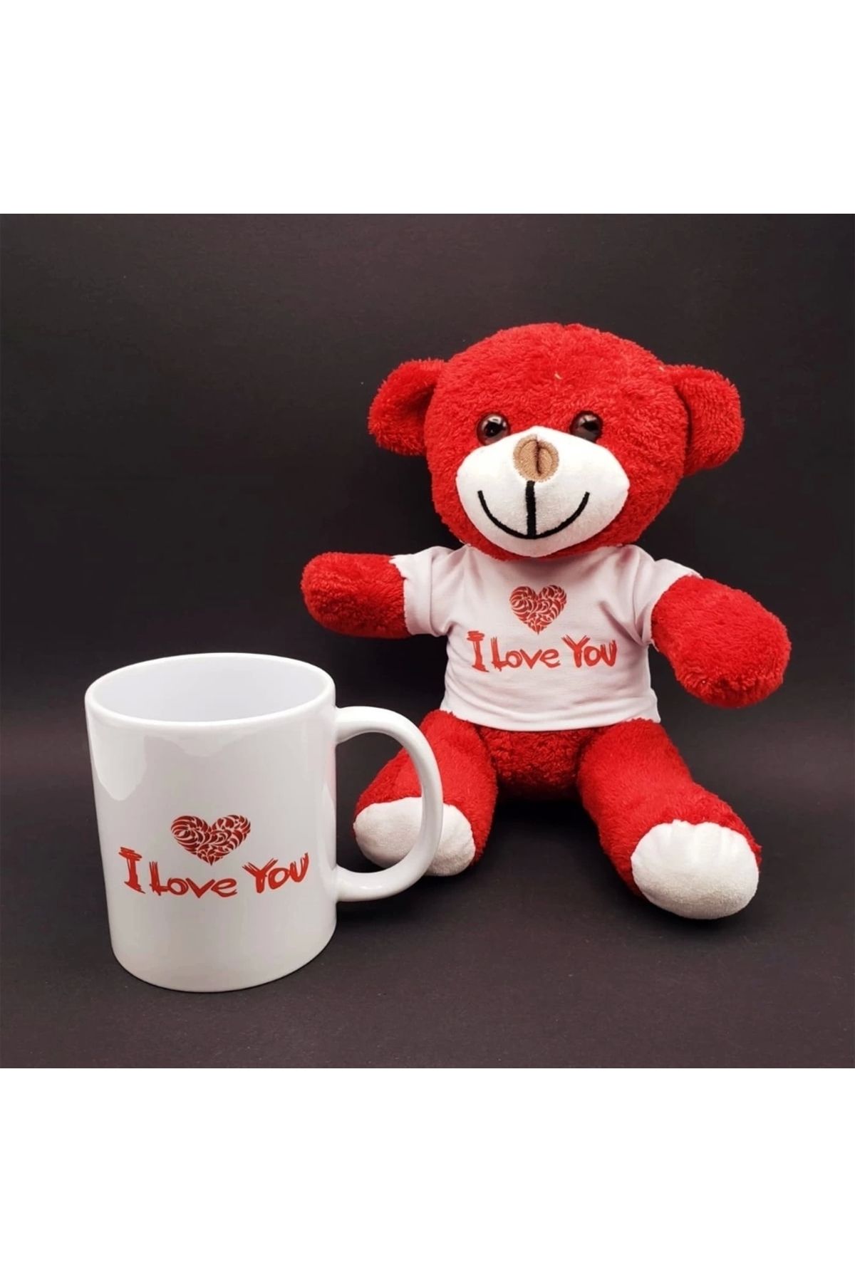 PRATİKOBA I Love You Baskılı Kupa Ve Kırmızı Ayıcık Seti