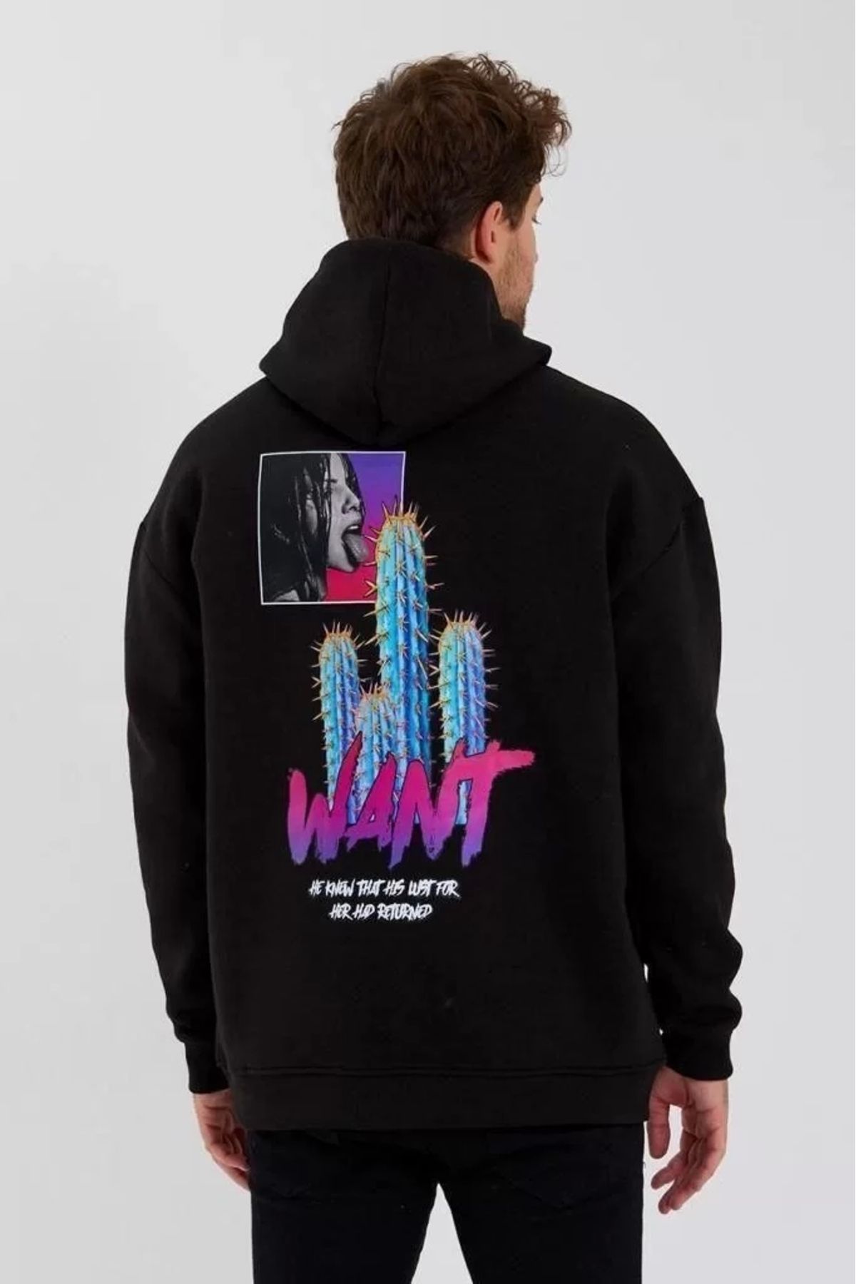 luz&pos Erkek Baskılı Üç İplik Kapüşonlu Oversize Sweatshirt - Siyah
