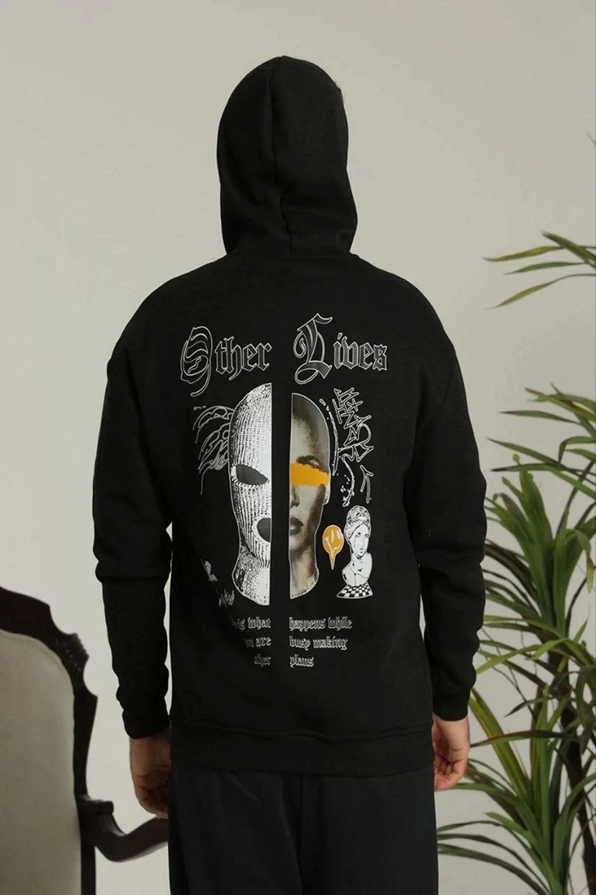luz&pos Erkek Sırt Baskılı Oversize Üç İplik Kapüşonlu Sweatshirt - Siyah