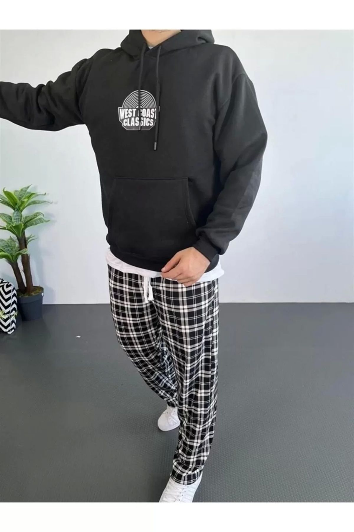 luz&pos Erkek Sırt Baskılı Kapüşonlu Üç İplik Oversize Sweatshirt - Siyah