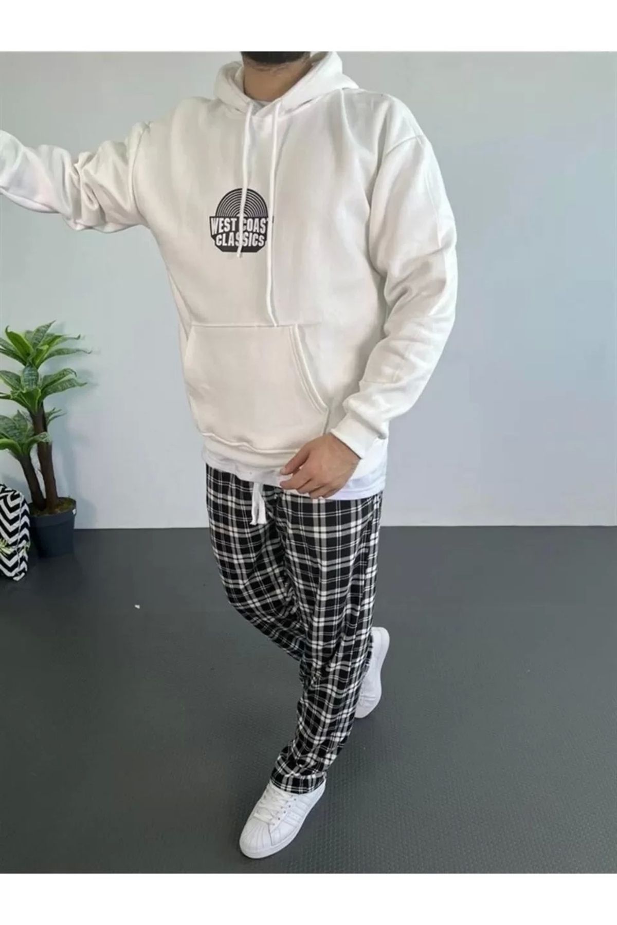 luz&pos Erkek Baskılı Üç İplik Kapüşonlu Oversize Sweatshirt - Beyaz