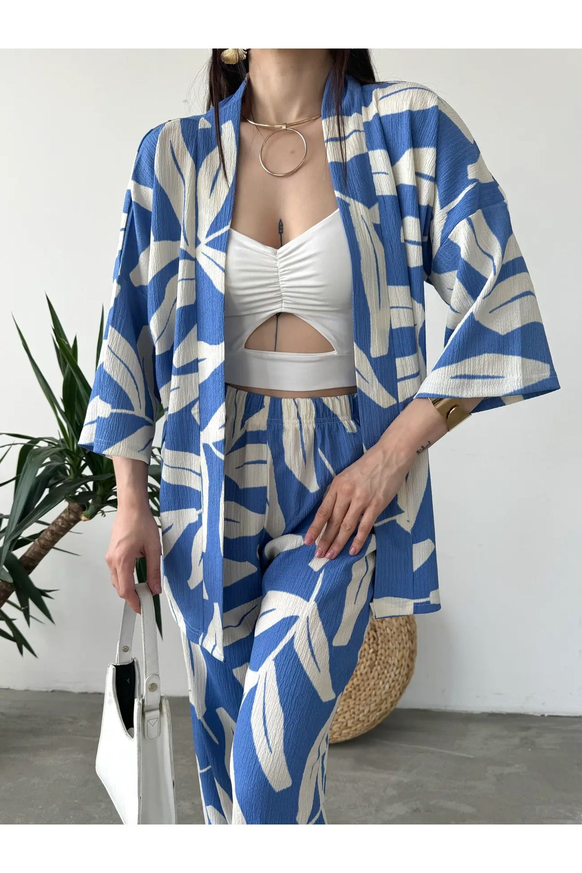Lumina Whisper Desenli Kimono Ve Pantolon İkili Takım