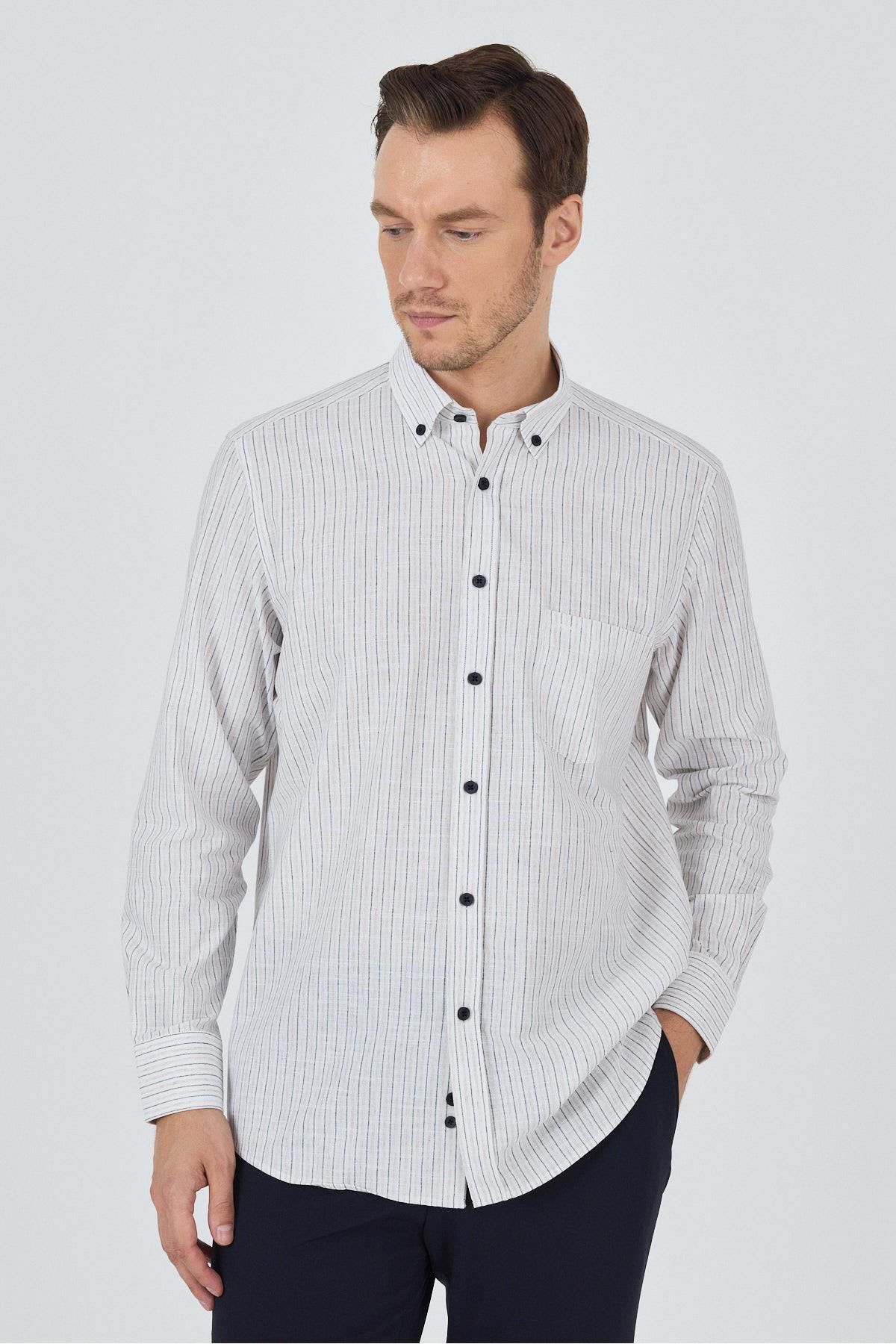 İmza Uzun Kol Çizgili Desen Bez Ayağı Düğmeli Yaka cepli Pamuklu Casual Comfort Fit Gömlek 1004250100