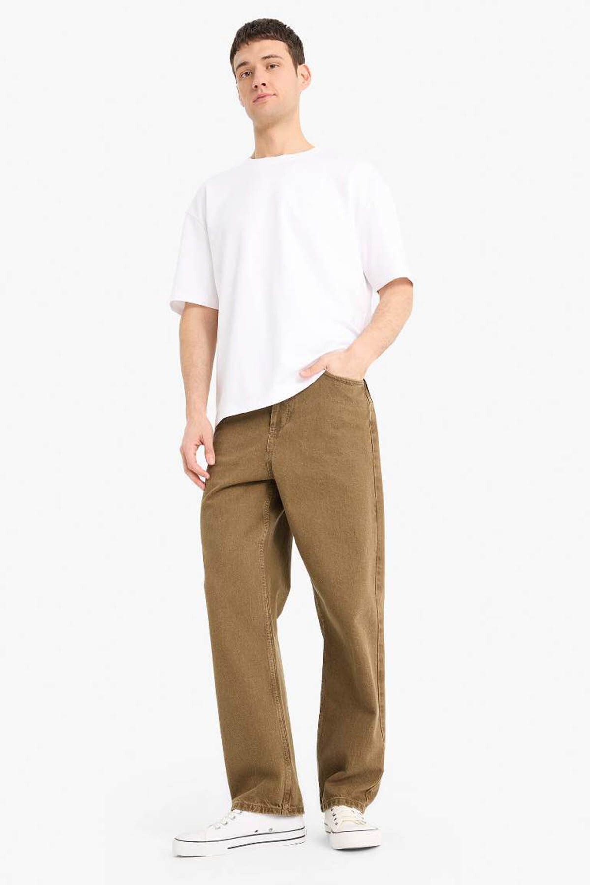 DeFacto Baggy Fit Düz Paça Pamuklu Haki Erkek Jean Pantolon F4139ax/kh154