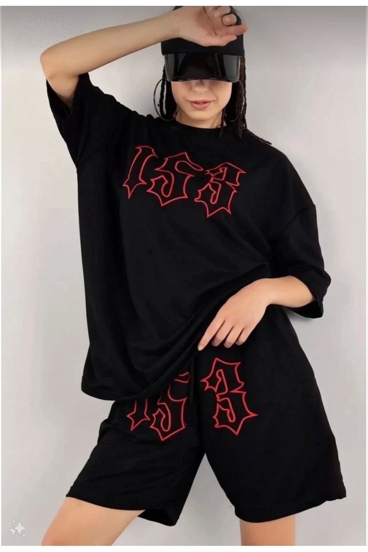 luz&pos Kadın Unisex Nakış İşlemeli Şort Takım - Siyah