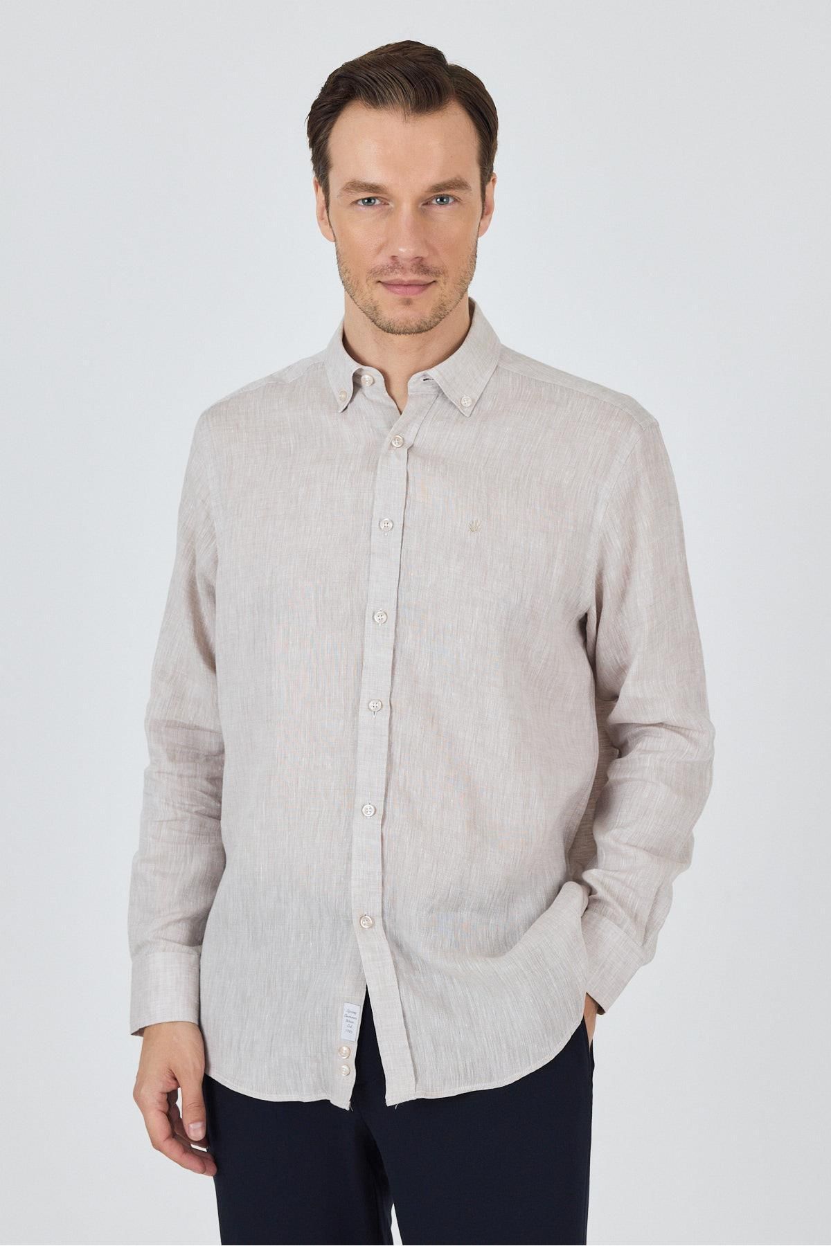 İmza Uzun Kol Düz Keten Düğmeli Yaka Cepsiz Casual Comfort Fit Gömlek 1004250114