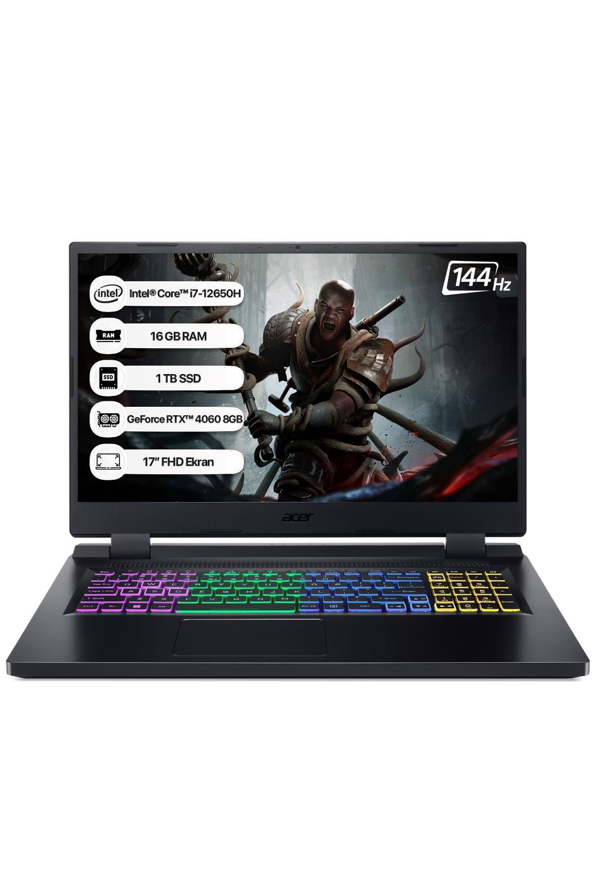 ACER Nitro 5 AN517-55 i7 12650H 16GB 1TB SSD RTX4060-8GB Dos 17.3" 144Hz Taşınabilir Bilgisayar NH.Q