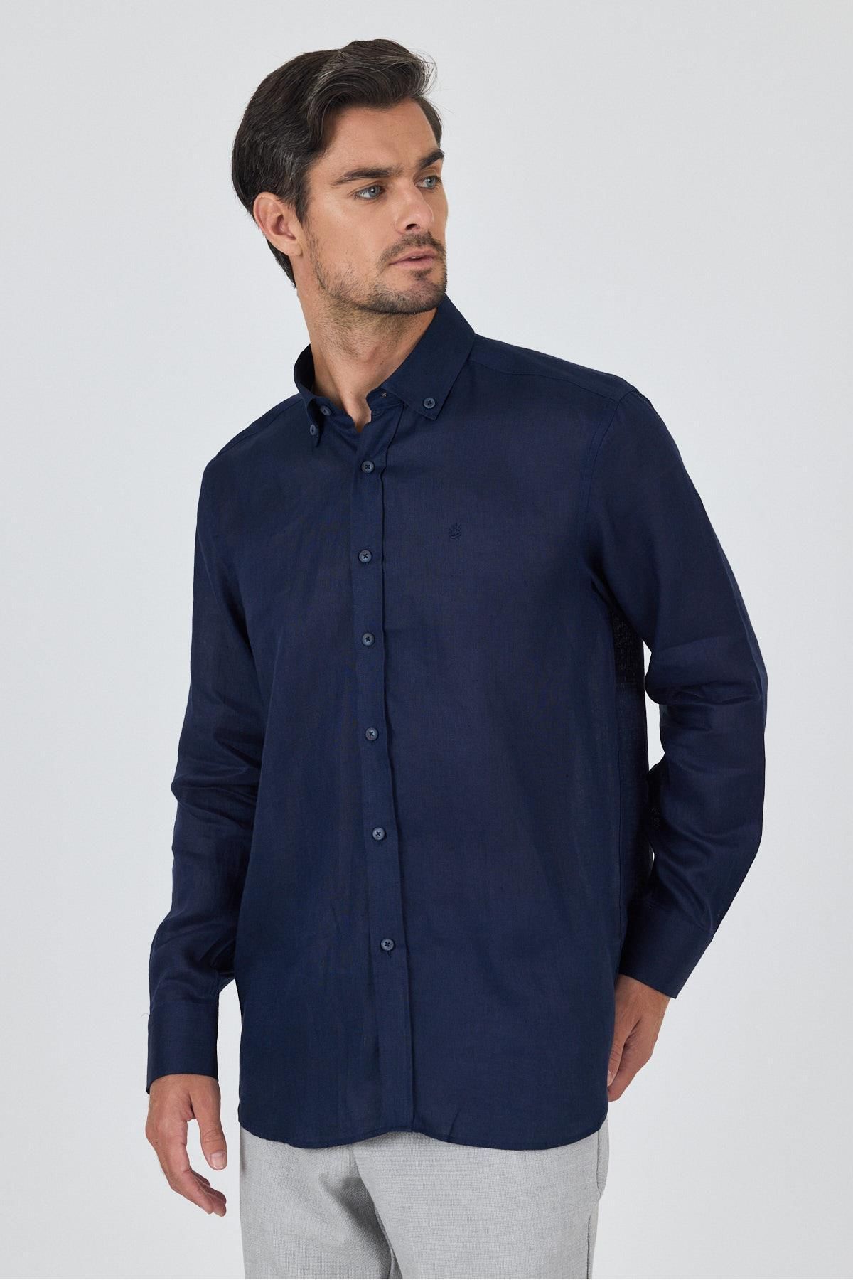 İmza Uzun Kol Düz Keten Düğmeli Yaka Cepsiz Casual Comfort Fit Gömlek 1004250114