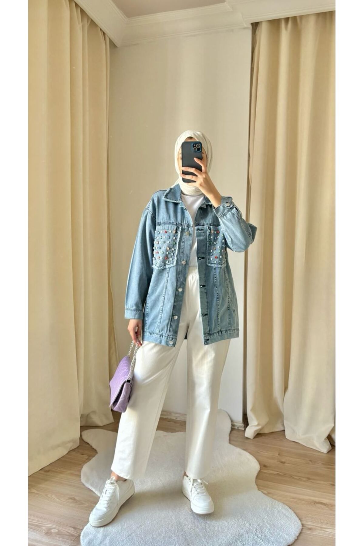 Suede Style 8658 - Cep Özel Pul Detaylı Rahat Şık Kadın Kot Ceket
