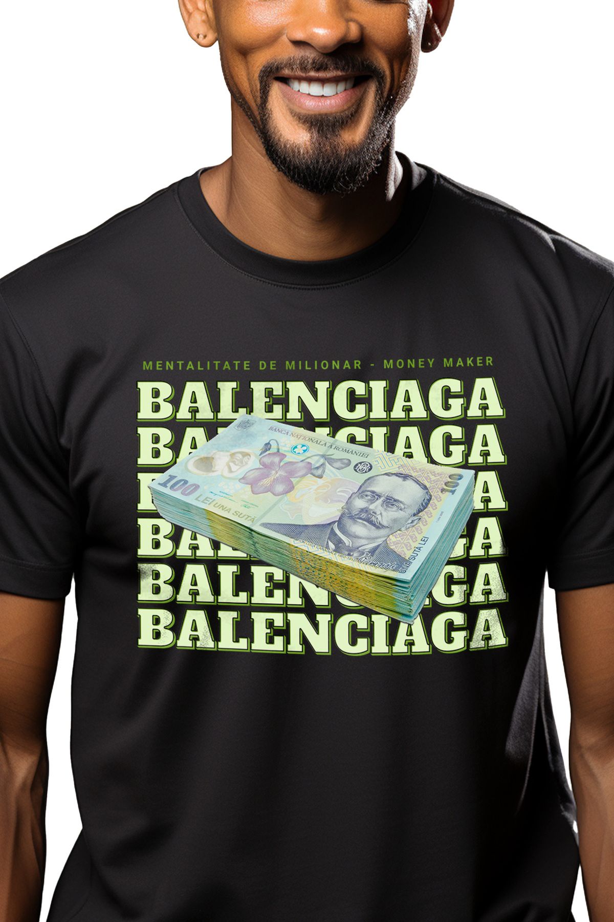 StoryGift Romania Tricou Barbati Balenciaga - 100 Lei Romanesti Cu Imprimeu Pe Fata, 100% Bumbac, Negru, Stg Masculin - S