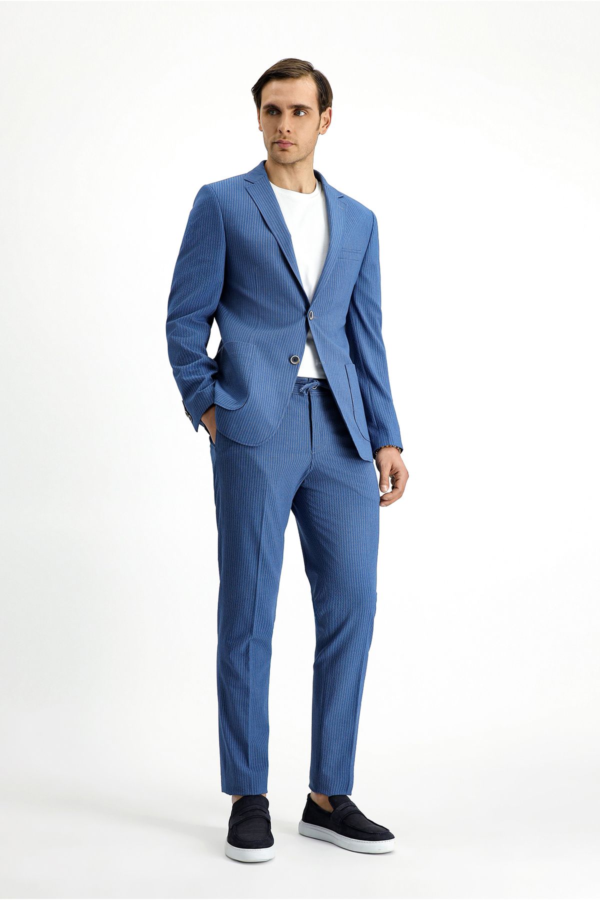 Kiğılı Super Slim Fit Ekstra Dar Kesim Çizgili Beli Lastikli İpli Gofre Takım Elbise