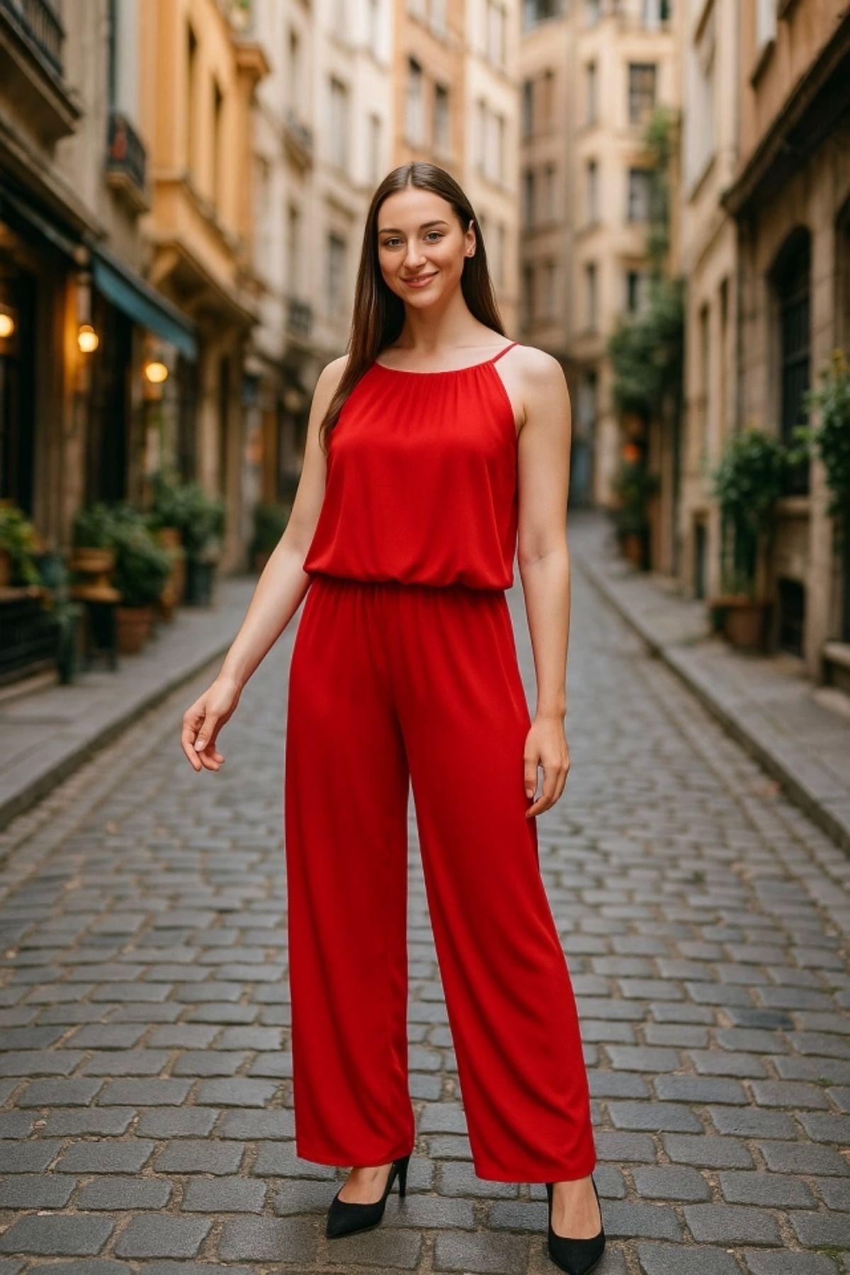 Butik Kadın Rahat Kesim Askılı Bol Paça Sandy Kumaş Tulum&Elbise