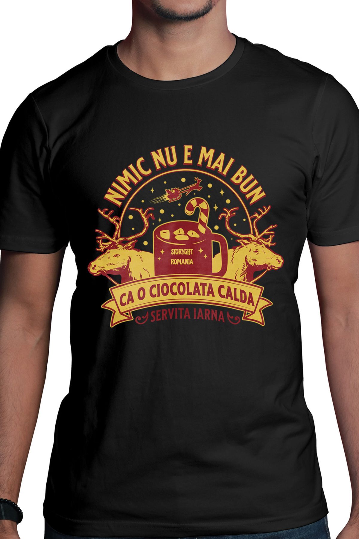 StoryGift Romania Tricou Barbati Nimic Nu E Mai Bun Ciocolata Calda Craciun Cu Imprimeu Pe Fata, 100% Bumbacstg Masculin - S