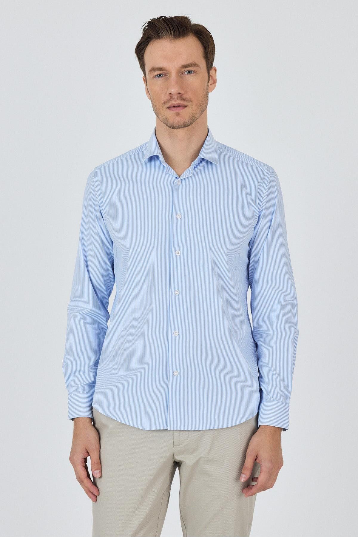 İmza Uzun Kol Çizgili Desen Bez Ayağı İtalyan Yaka Cepsiz Esnek Classic Slim Fit Gömlek 1004250200