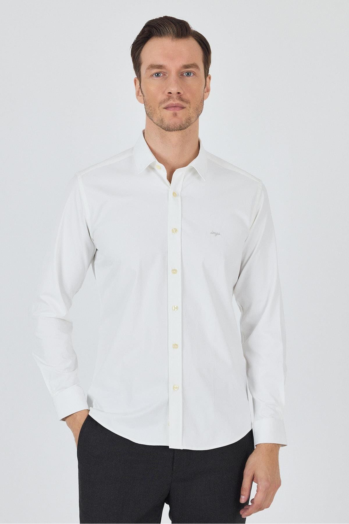 İmza Uzun Kol Düz Bez Ayağı Sert Yaka Cepsiz Pamuklu Classic Slim Fit Gömlek 1004250211