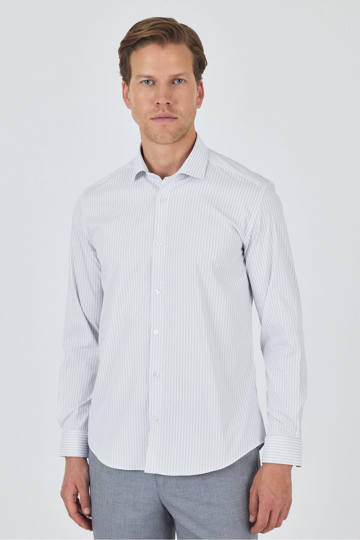 İmza Uzun Kol Çizgili Desen Bez Ayağı Sert Yaka Cepsiz Esnek Classic Slim Fit Gömlek 1004250159