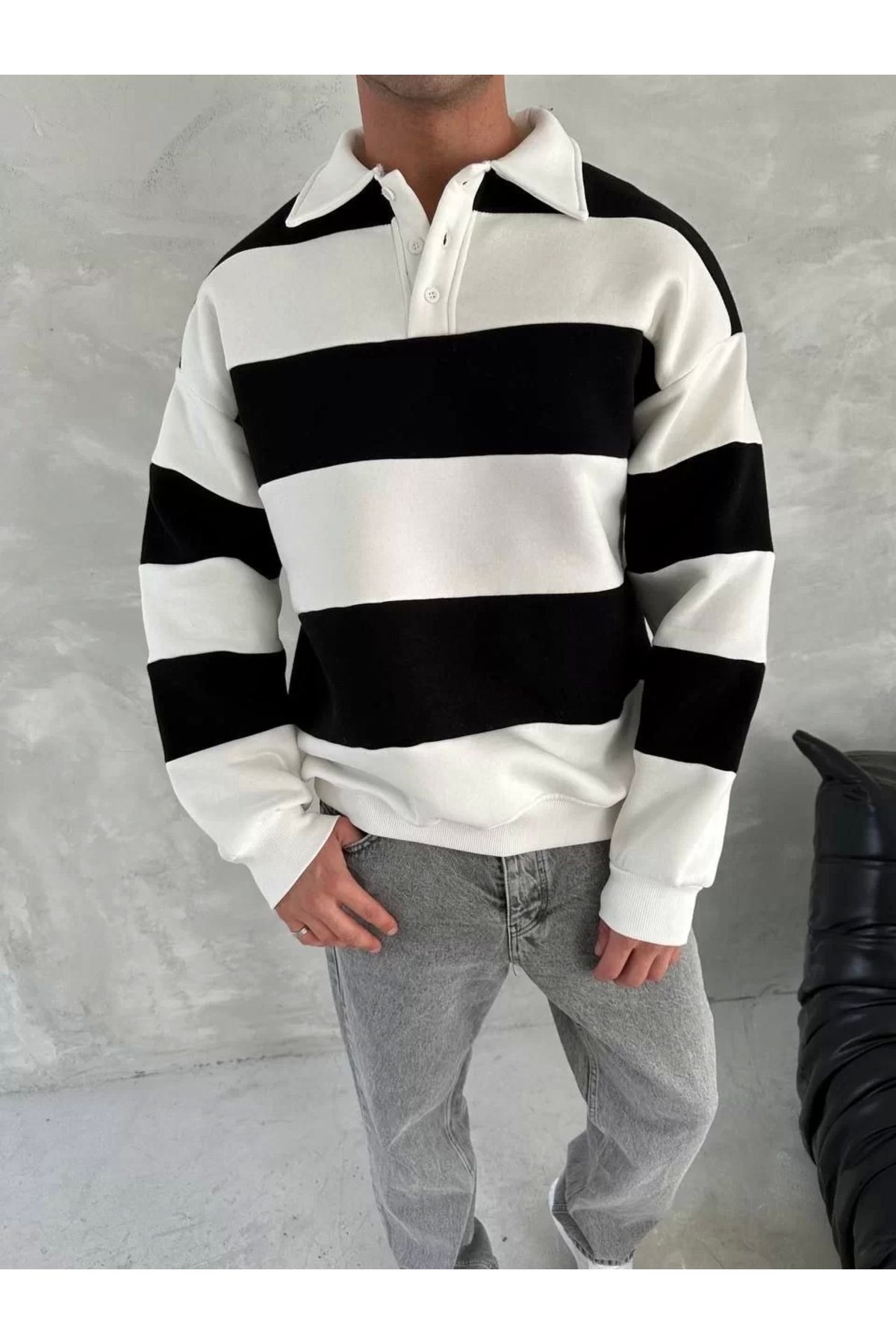 luz&pos Unisex Üç İplik Parçalı Yakalı SweatShirt - Siyah