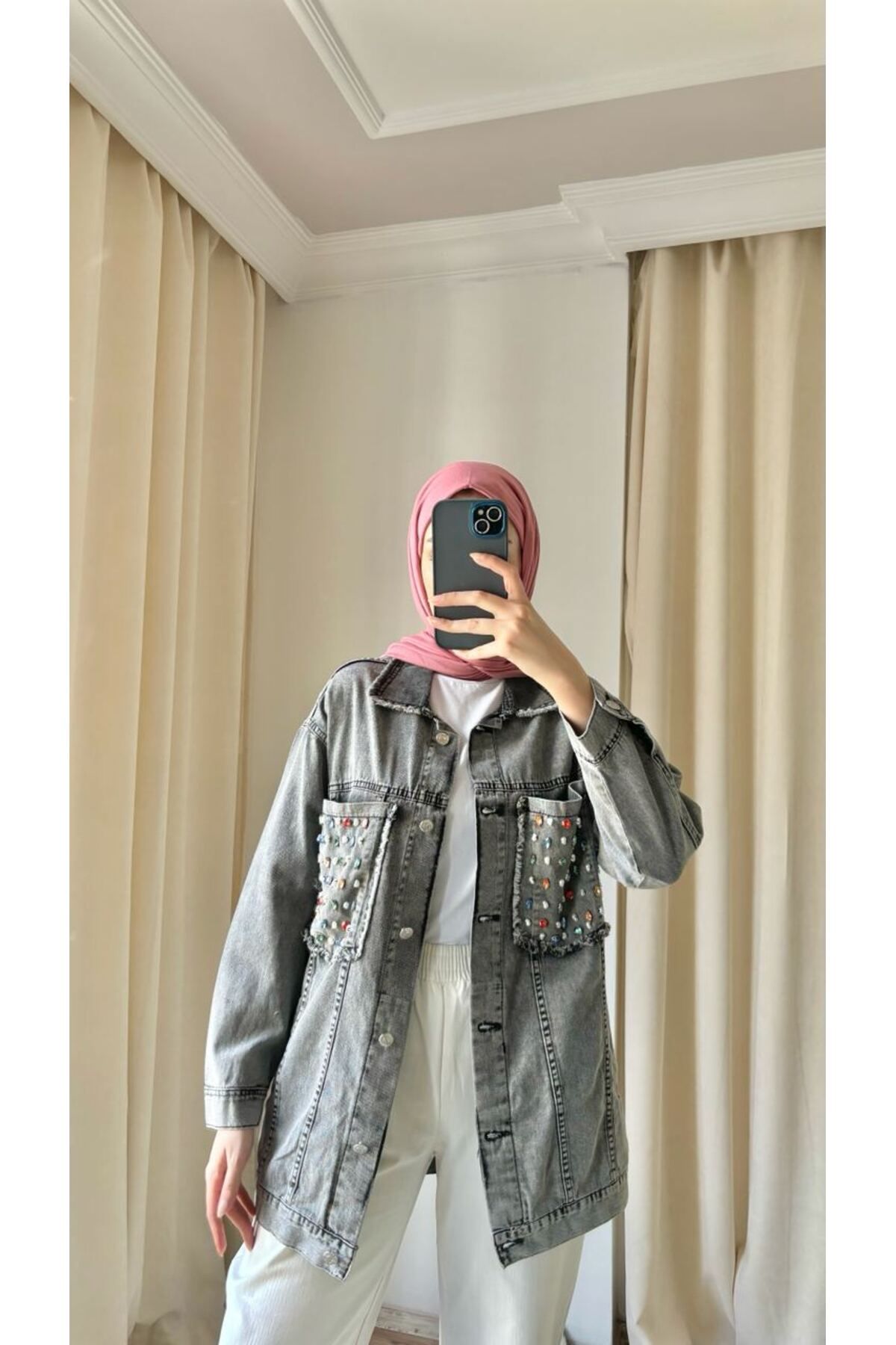 Suede Style 8658 - Cep Özel Pul Detaylı Rahat Şık Kadın Kot Ceket