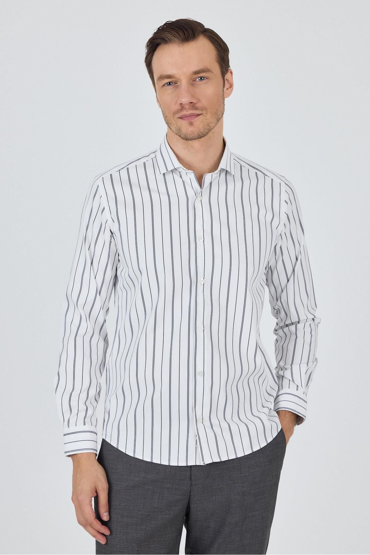 İmza Uzun Kol Çizgili Desen Bez Ayağı İtalyan Yaka Cepsiz Esnek Classic Slim Fit Gömlek 1004250203