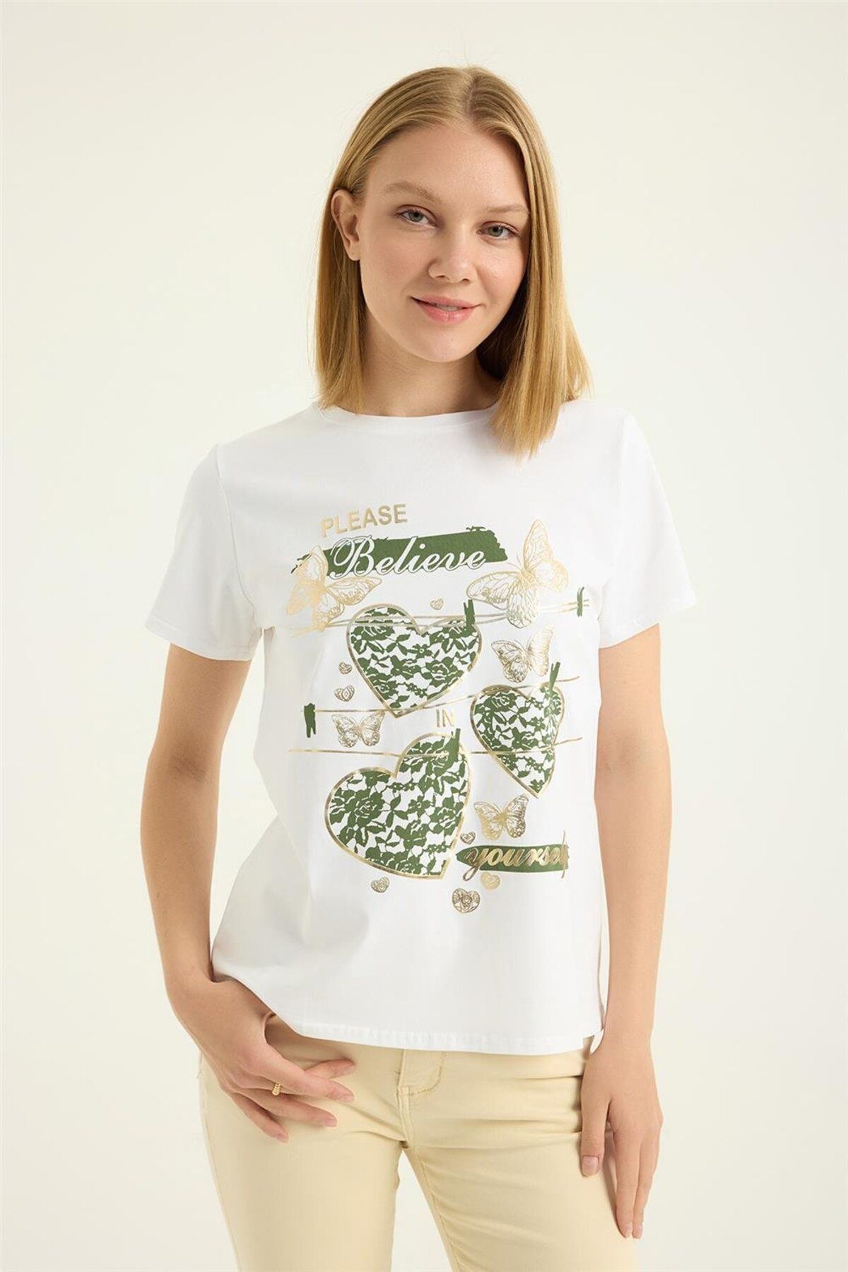 HomeStore Yaldızlı Kelebek Kalp Tshirt