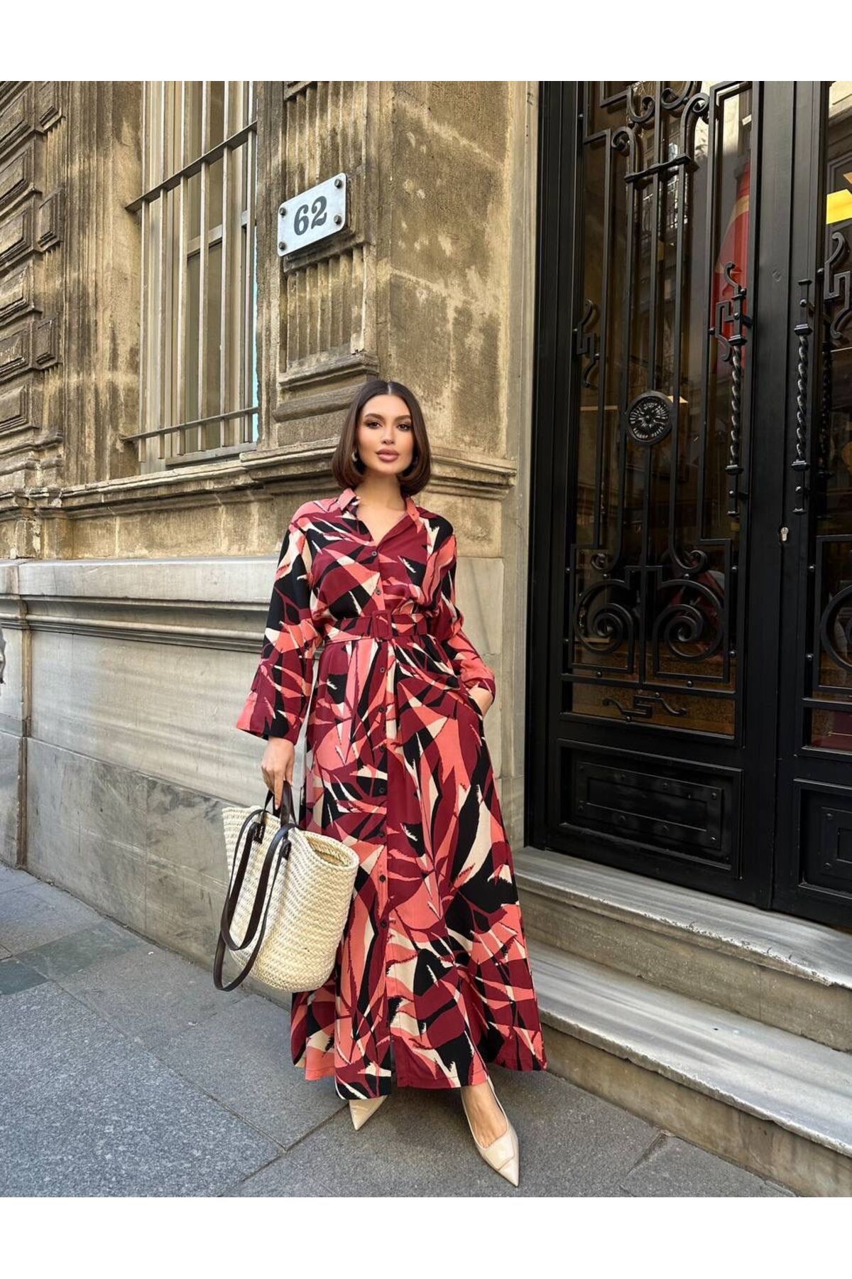 MODA ETNİK DESENLİ KIRMIZI PAMUKLU VİSKON ELBİSE