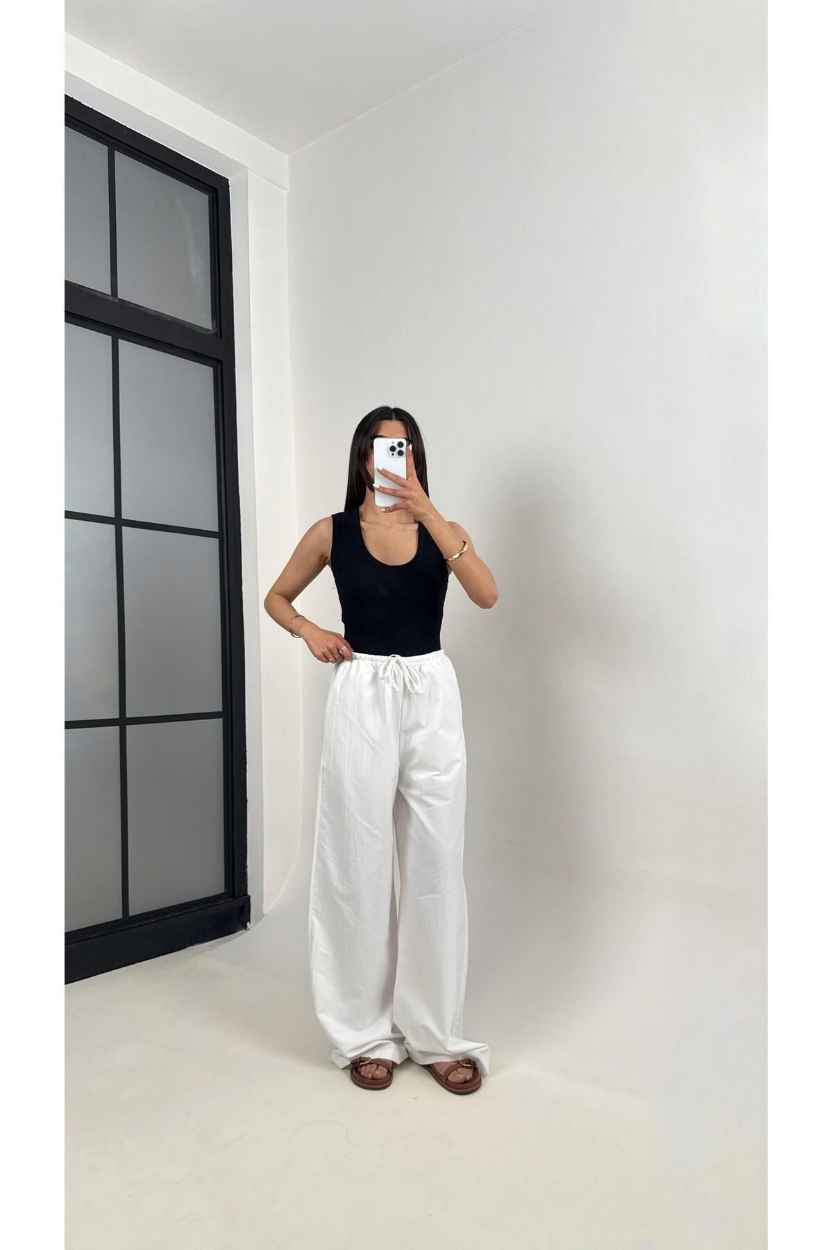Gaus Beyaz Beli Lastikli Yarım Astarlı Salaş Pantolon Gaus00363