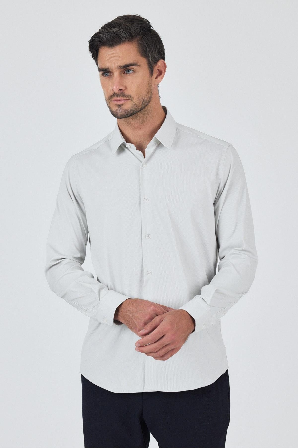 İmza Beyaz Sert Yaka Cepsiz Gabardin Uzun Kol Slim Fit Esnek Gömlek 1004250229