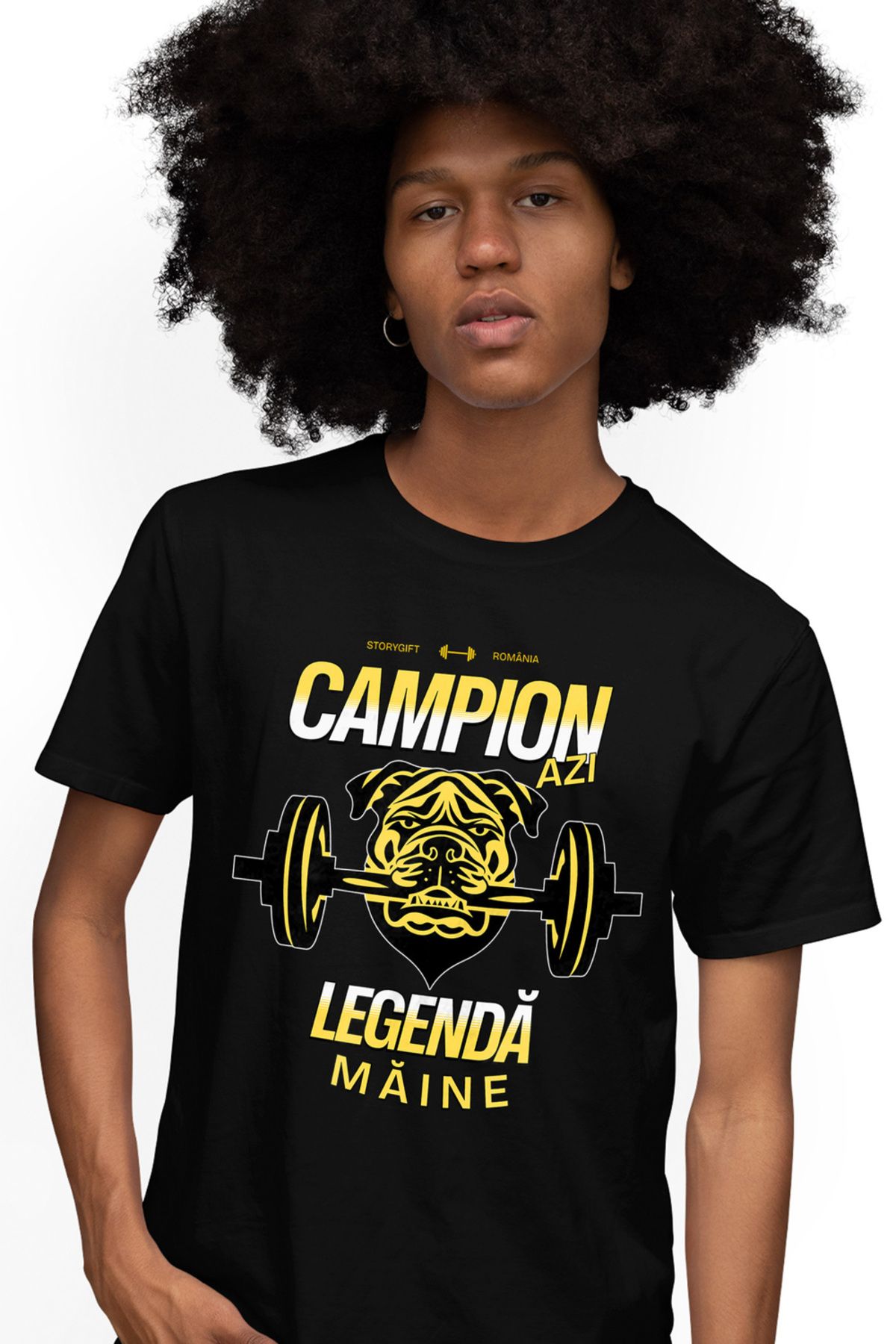 StoryGift Romania Tricou Barbati Campion Azi, Legenda Maine, Caine Cu Bara Greutati, Motivational Sport Cu I Stg Masculin - S