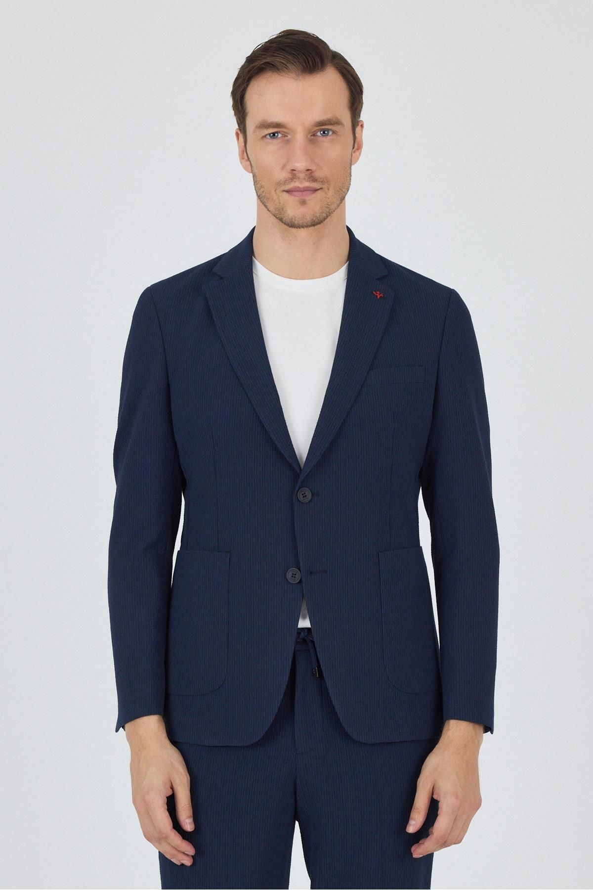 İmza Koyu Lacivert Gofreli Mono Yaka Esnek 6 Drop Slim Fit Classic Takım Elbise 1001250117