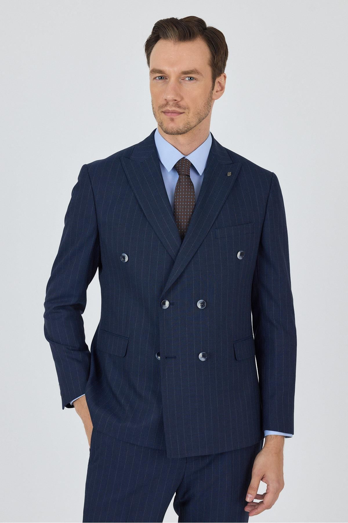 İmza Lacivert Kılıç Yaka Çizgili Desen Kruvaze Classic Esnek Slim Fit Takım Elbise 1001250173