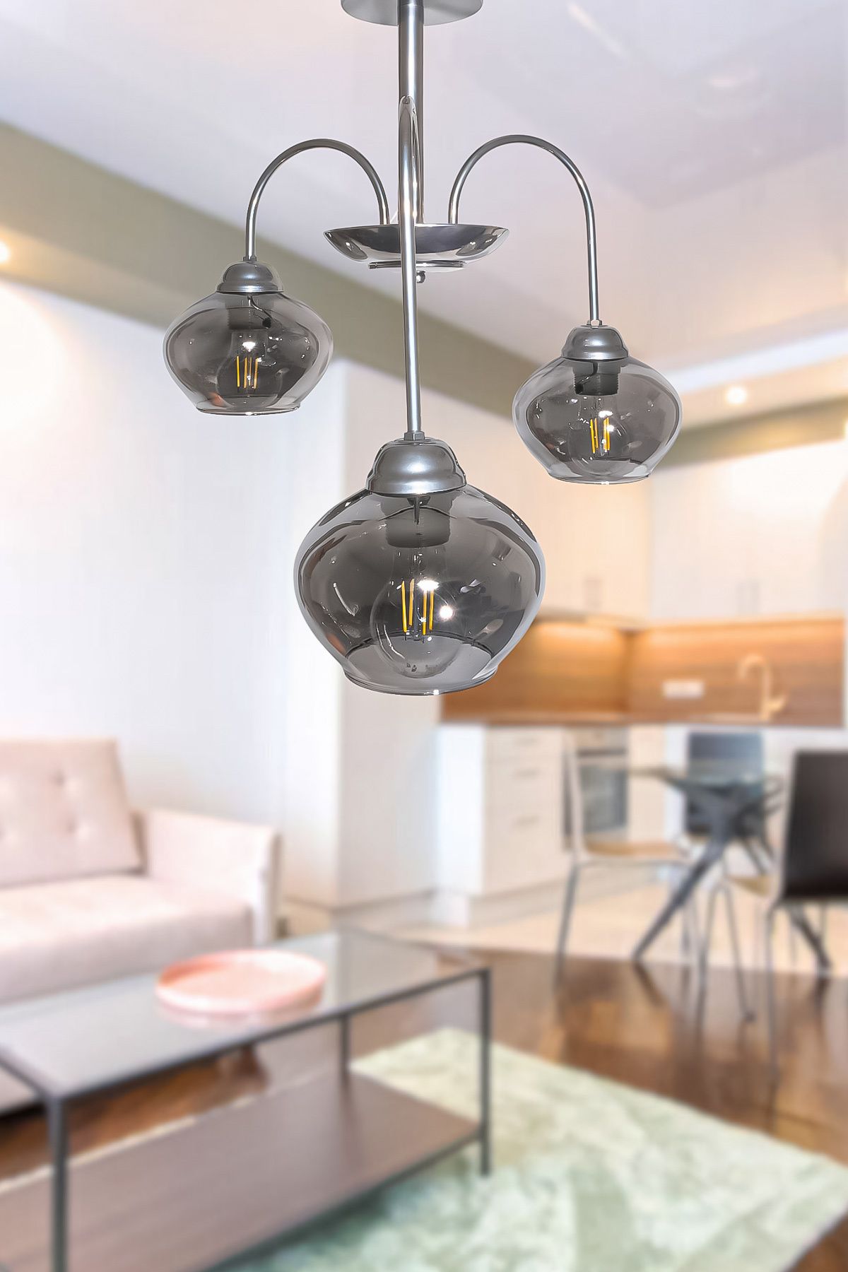 Turanconcept Dora 3 Lü Avize Dekoratif Tasarım Modern Kollu Camlı Avize Oturma Odası Yemek Odası Salon