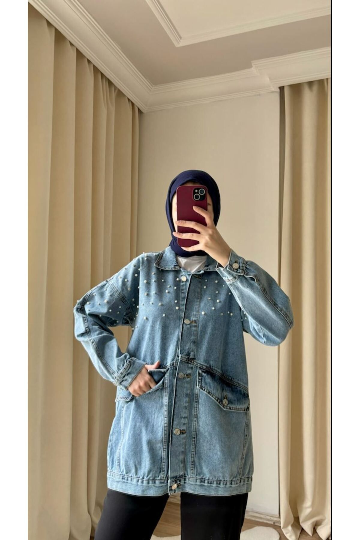 Suede Style 8926 - İnci Taş Detaylı Rahat Şık Kadın Kot Ceket