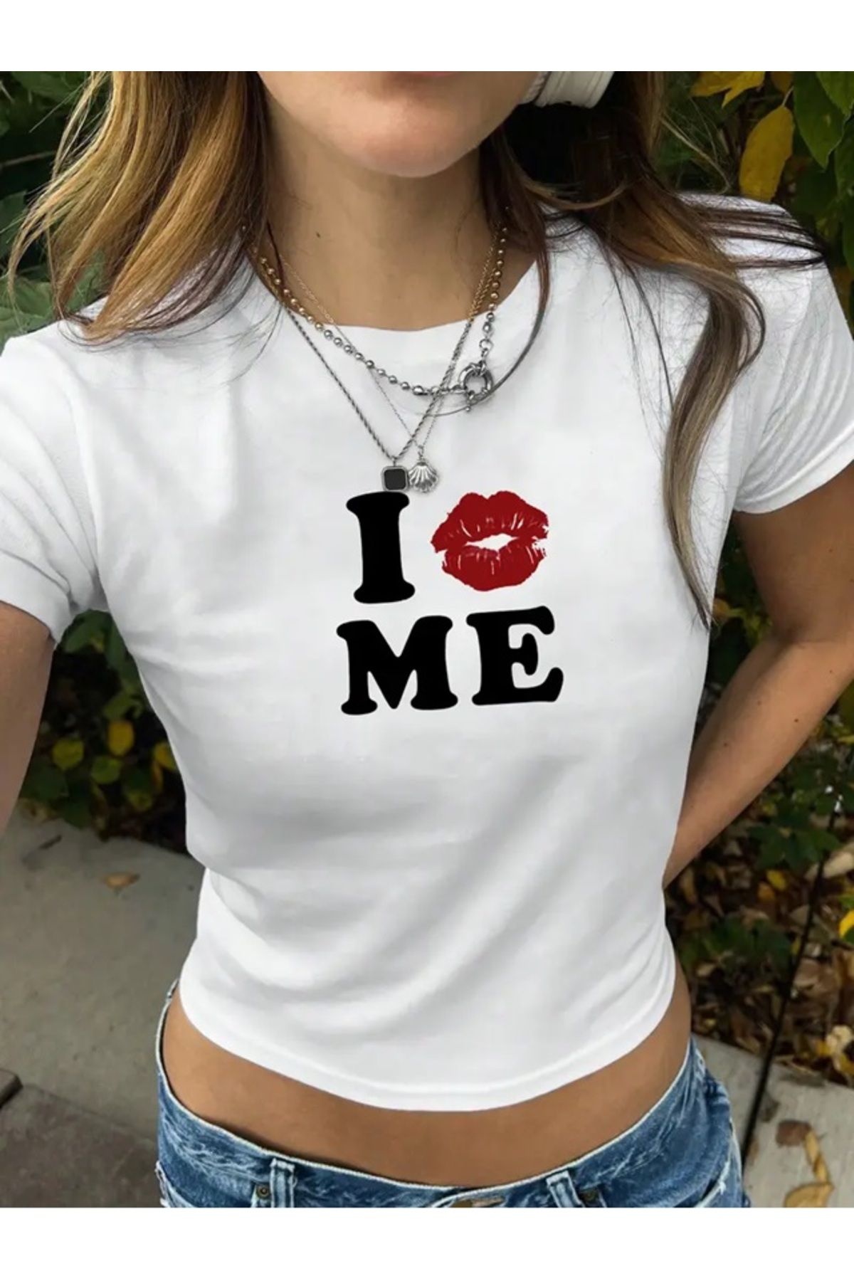 Touz Moda I love Me Baskılı Beyaz Body Crop Bluz