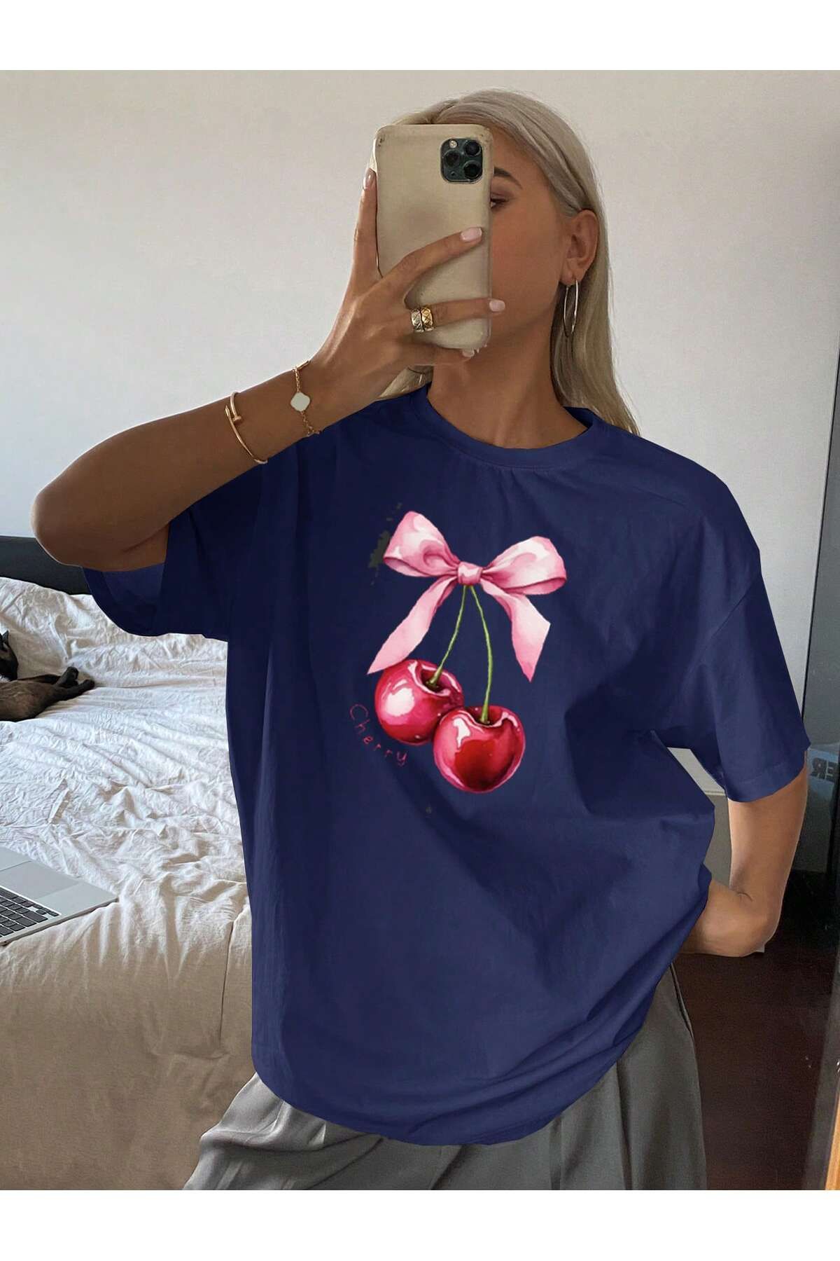 DAXİS Sportwear Company KADIN Cherry Baskılı Bisiklet Yaka Tişört