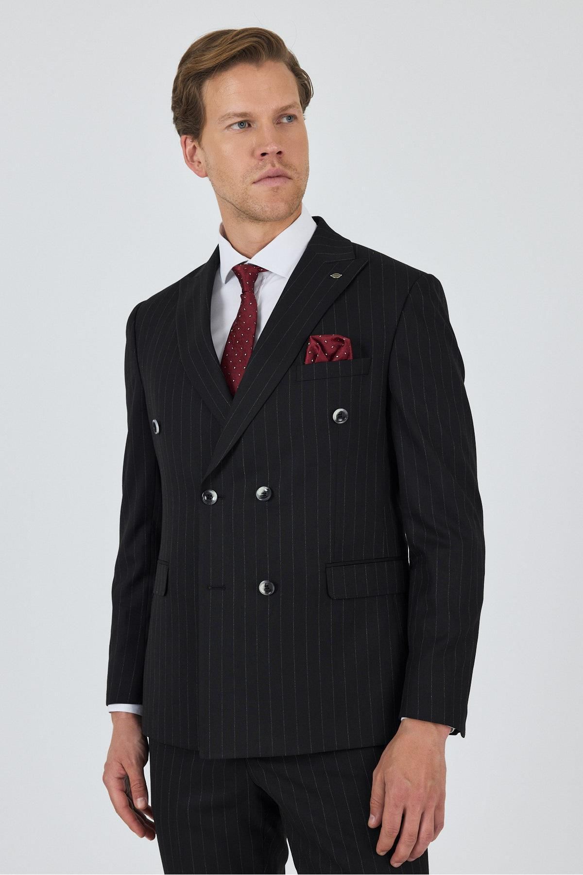 İmza Siyah Kılıç Yaka Çizgili Desen Kruvaze Classic Esnek Slim Fit Takım Elbise 1001250173